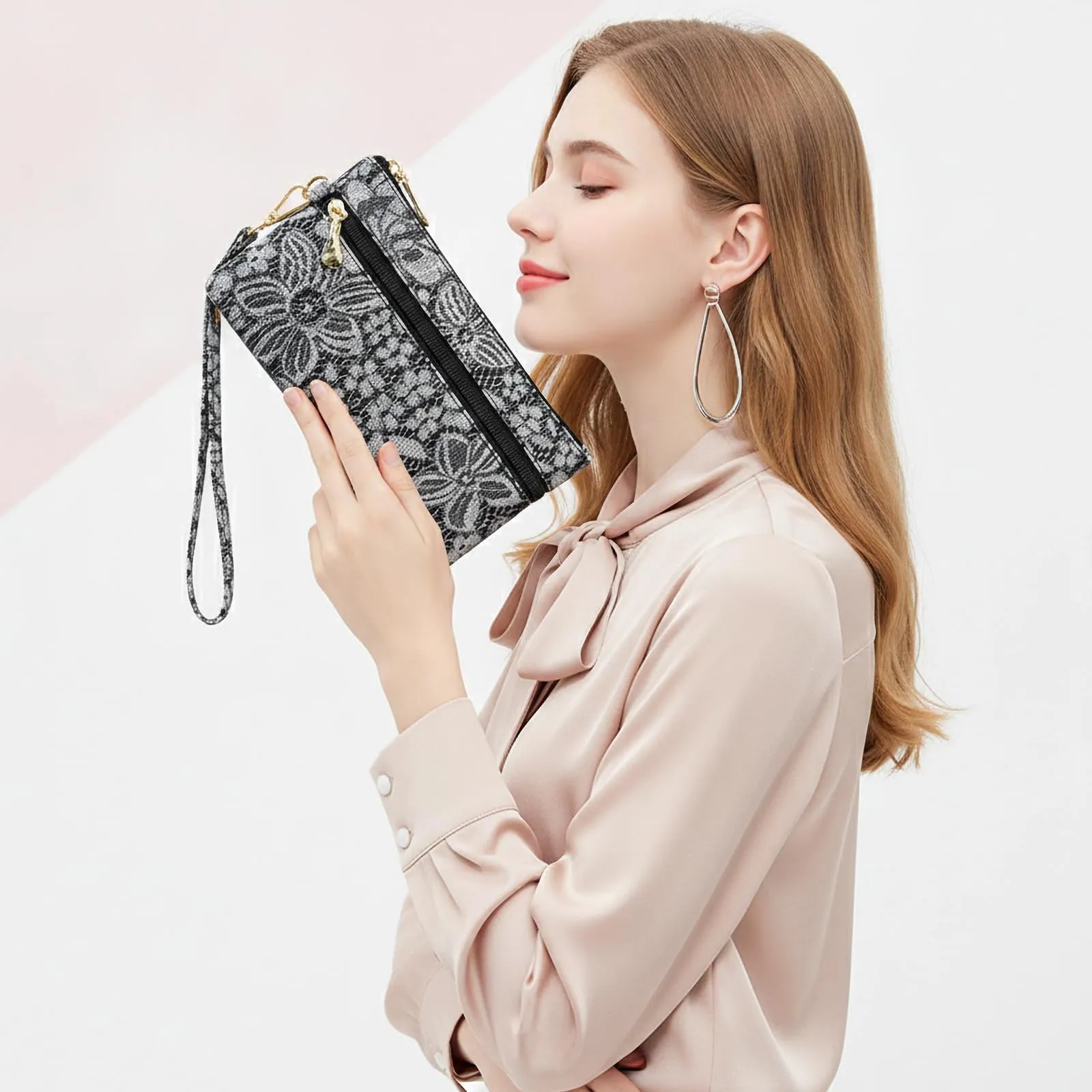LJCZKA Portafoglio da Polso Pelle Donna Pochette da Polso Zip Grande Capacità Frizione Cellulare Porta Carte con Cinturino da Polso, Portachiavi (Nero-5) - immagine 2