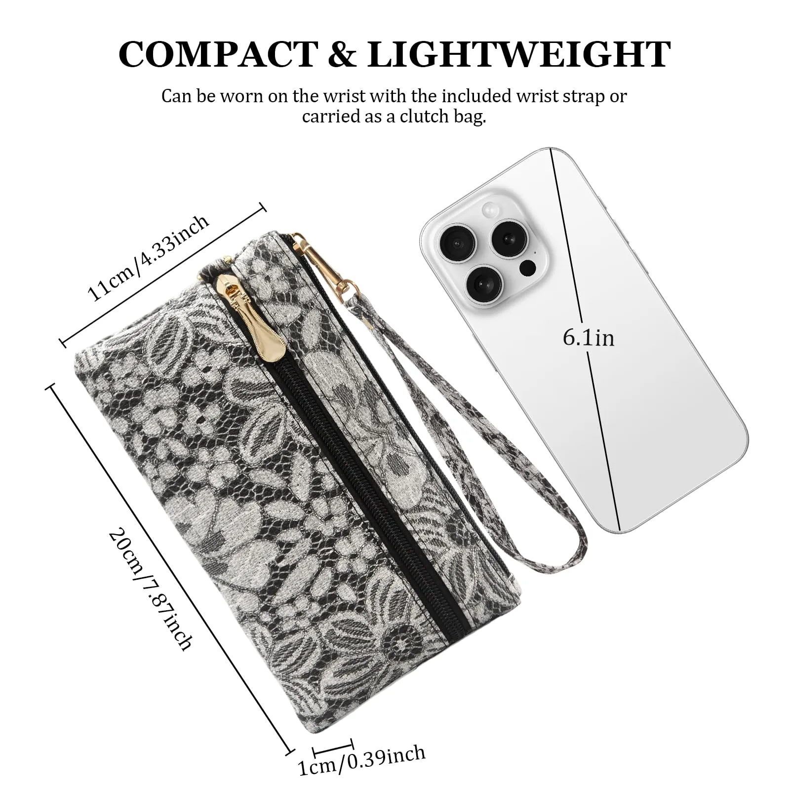 LJCZKA Portafoglio da Polso Pelle Donna Pochette da Polso Zip Grande Capacità Frizione Cellulare Porta Carte con Cinturino da Polso, Portachiavi (Nero-5) - immagine 3