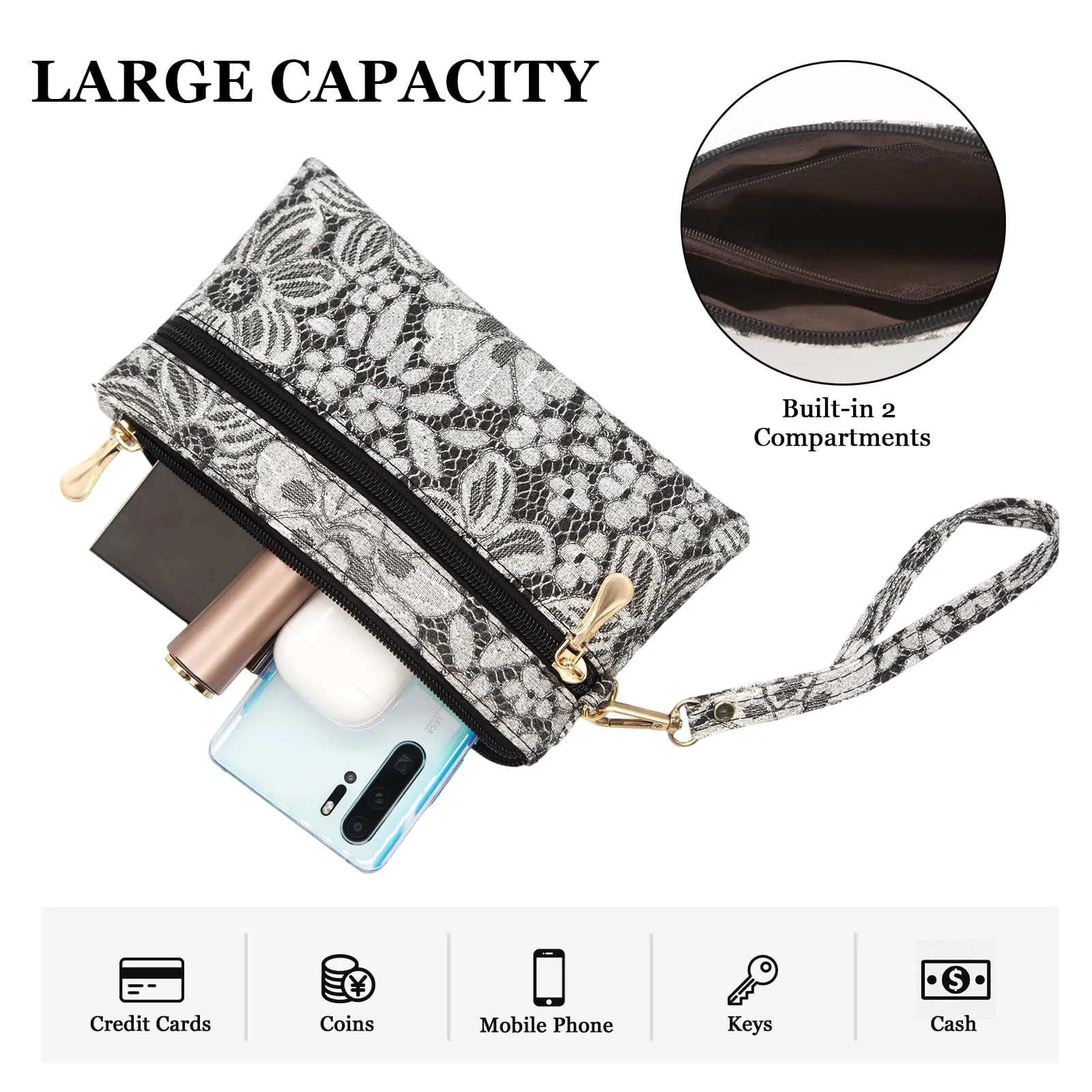 LJCZKA Portafoglio da Polso Pelle Donna Pochette da Polso Zip Grande Capacità Frizione Cellulare Porta Carte con Cinturino da Polso, Portachiavi (Nero-5) - immagine 4