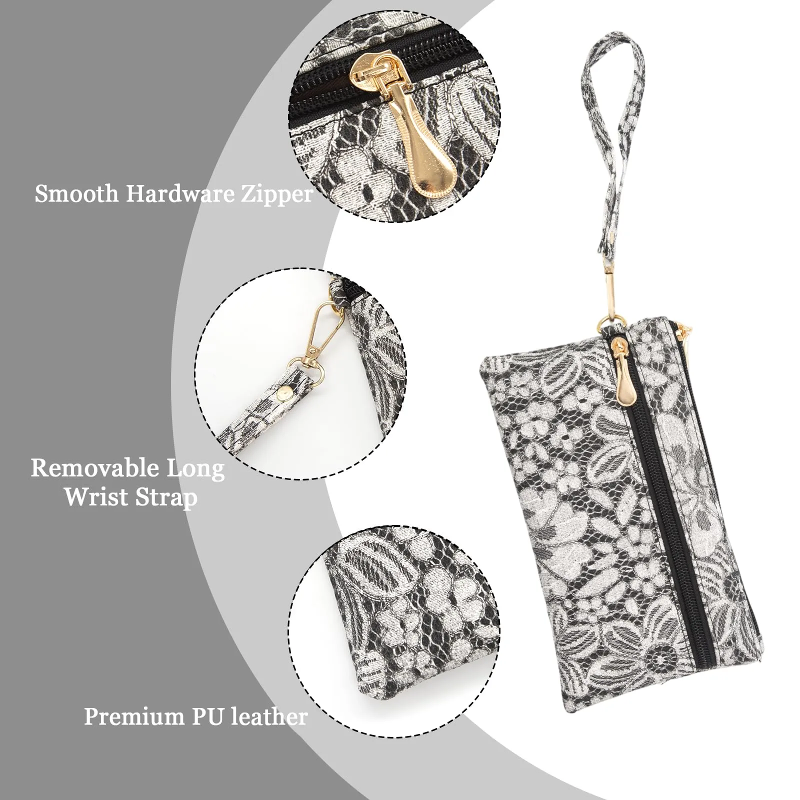 LJCZKA Portafoglio da Polso Pelle Donna Pochette da Polso Zip Grande Capacità Frizione Cellulare Porta Carte con Cinturino da Polso, Portachiavi (Nero-5) - immagine 5