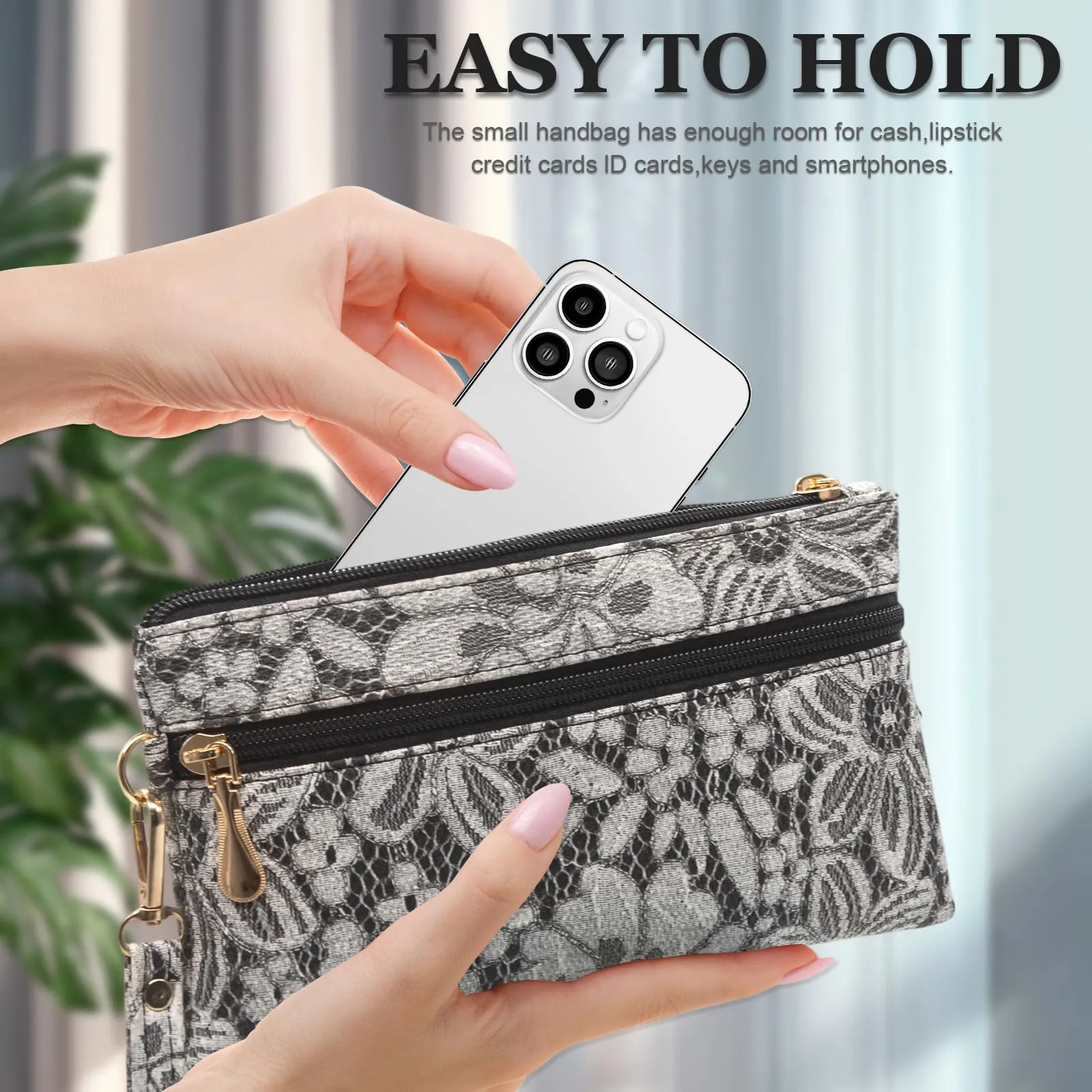 LJCZKA Portafoglio da Polso Pelle Donna Pochette da Polso Zip Grande Capacità Frizione Cellulare Porta Carte con Cinturino da Polso, Portachiavi (Nero-5) - immagine 6
