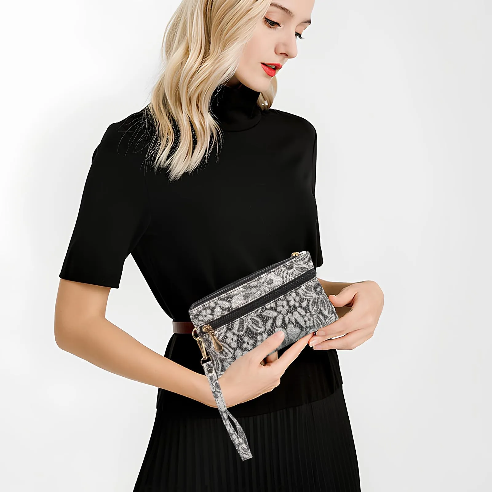 LJCZKA Portafoglio da Polso Pelle Donna Pochette da Polso Zip Grande Capacità Frizione Cellulare Porta Carte con Cinturino da Polso, Portachiavi (Nero-5) - immagine 7