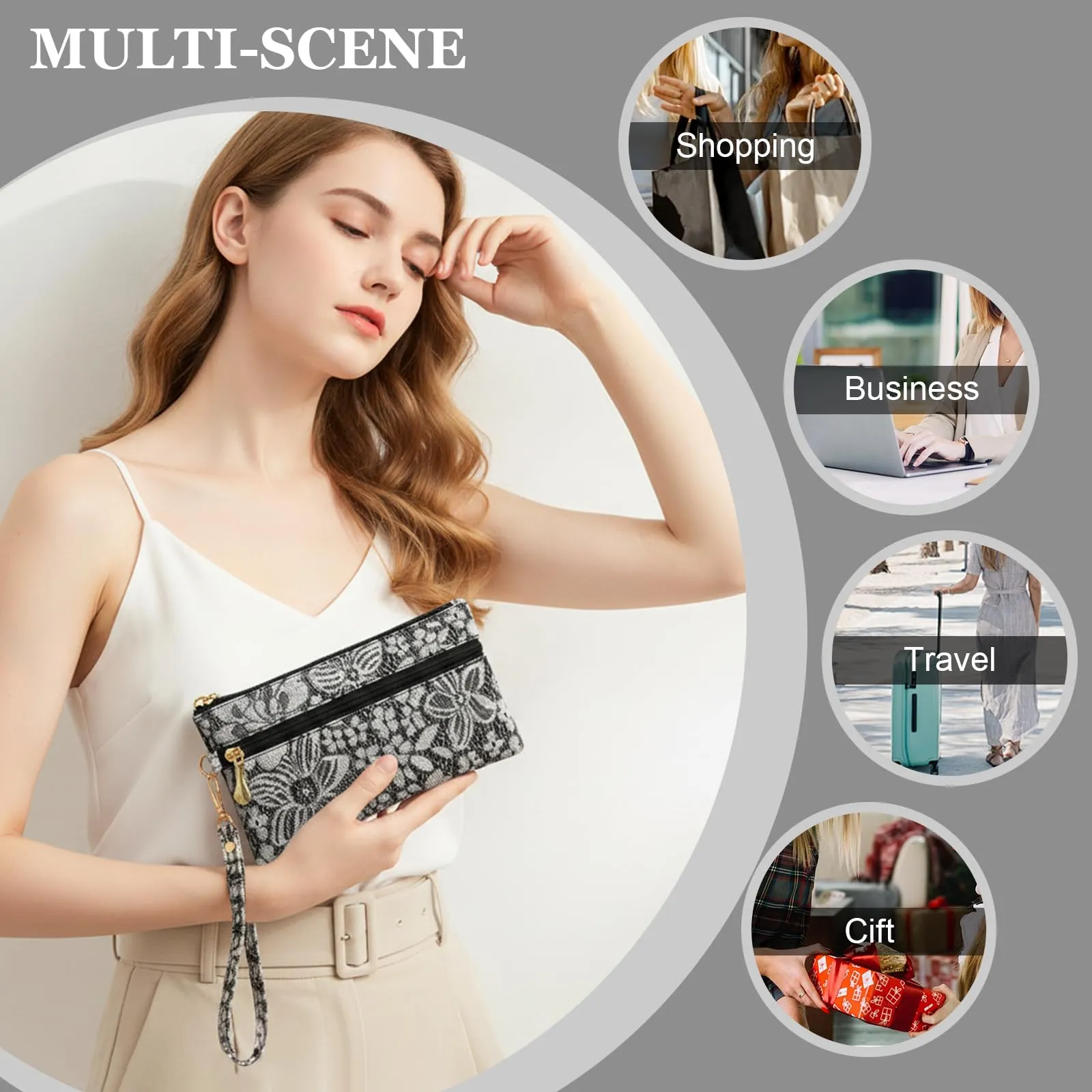 LJCZKA Portafoglio da Polso Pelle Donna Pochette da Polso Zip Grande Capacità Frizione Cellulare Porta Carte con Cinturino da Polso, Portachiavi (Nero-5) - immagine 8