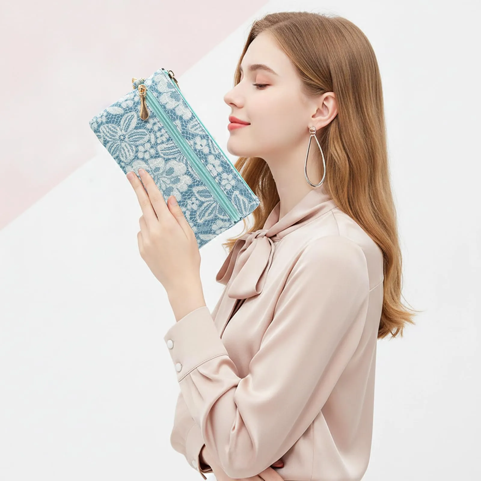 LJCZKA Portafoglio da Polso Pelle Donna Pochette da Polso Zip Grande Capacità Frizione Cellulare Porta Carte con Cinturino da Polso, Portachiavi (Blu-5) - immagine 2
