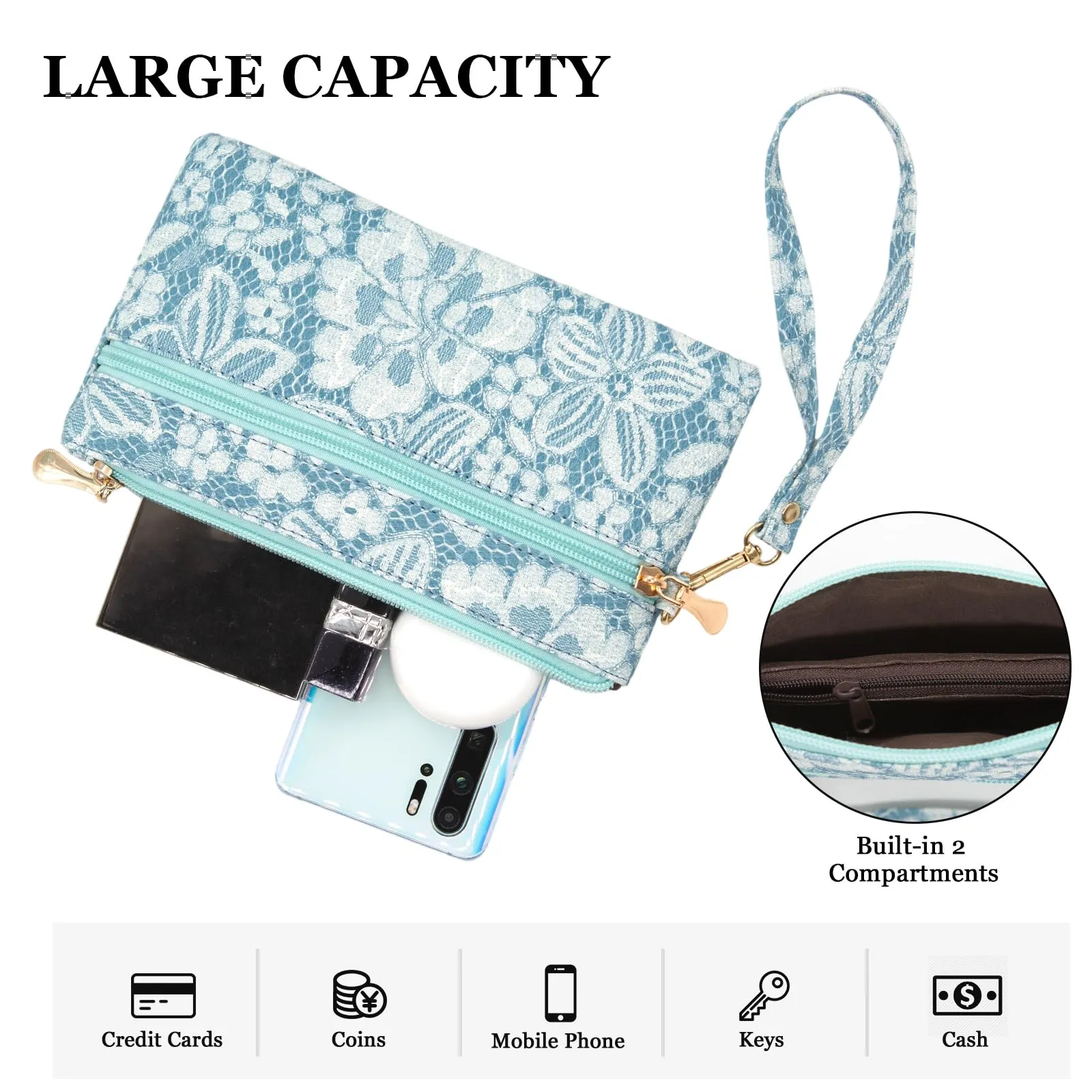 LJCZKA Portafoglio da Polso Pelle Donna Pochette da Polso Zip Grande Capacità Frizione Cellulare Porta Carte con Cinturino da Polso, Portachiavi (Blu-5) - immagine 4