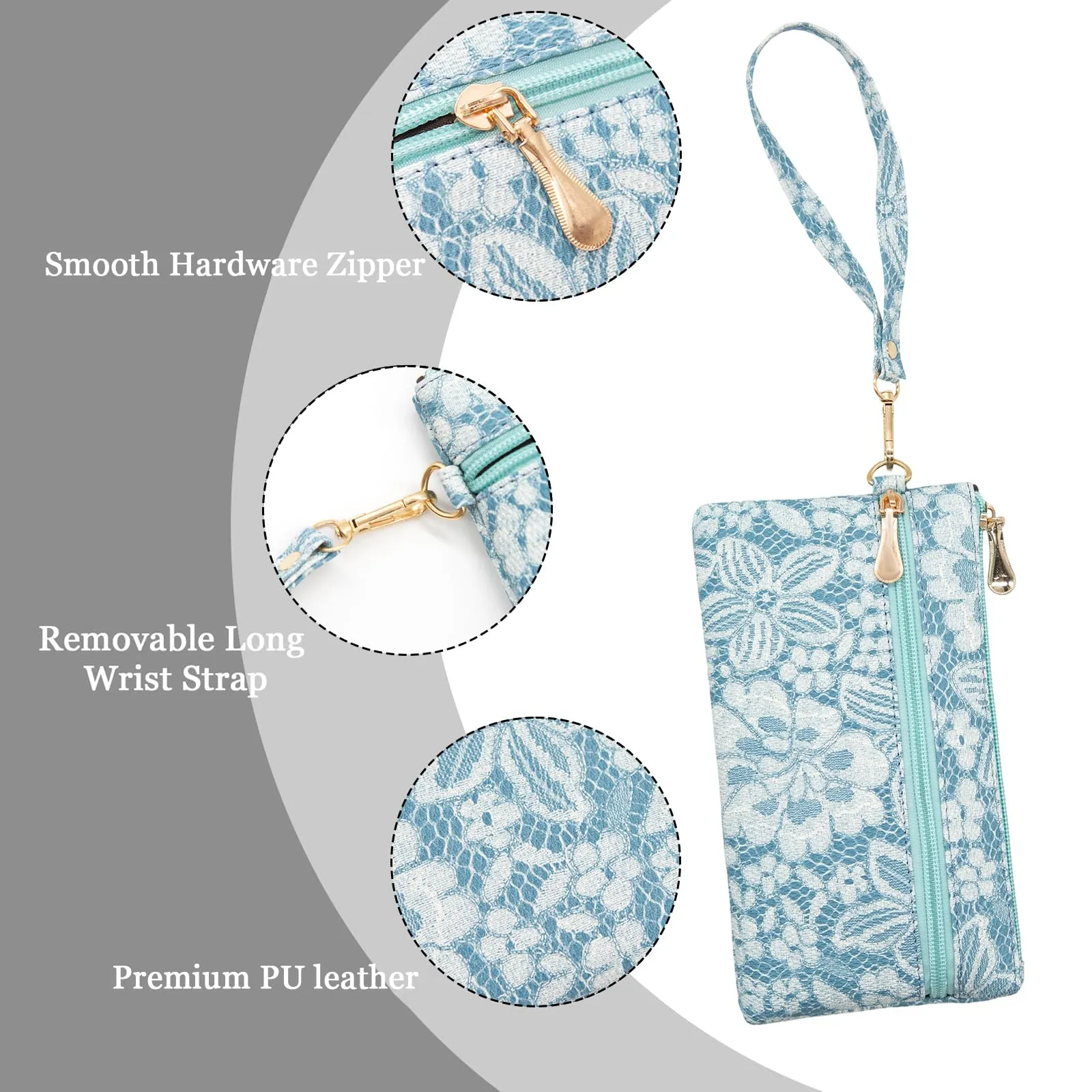 LJCZKA Portafoglio da Polso Pelle Donna Pochette da Polso Zip Grande Capacità Frizione Cellulare Porta Carte con Cinturino da Polso, Portachiavi (Blu-5) - immagine 5