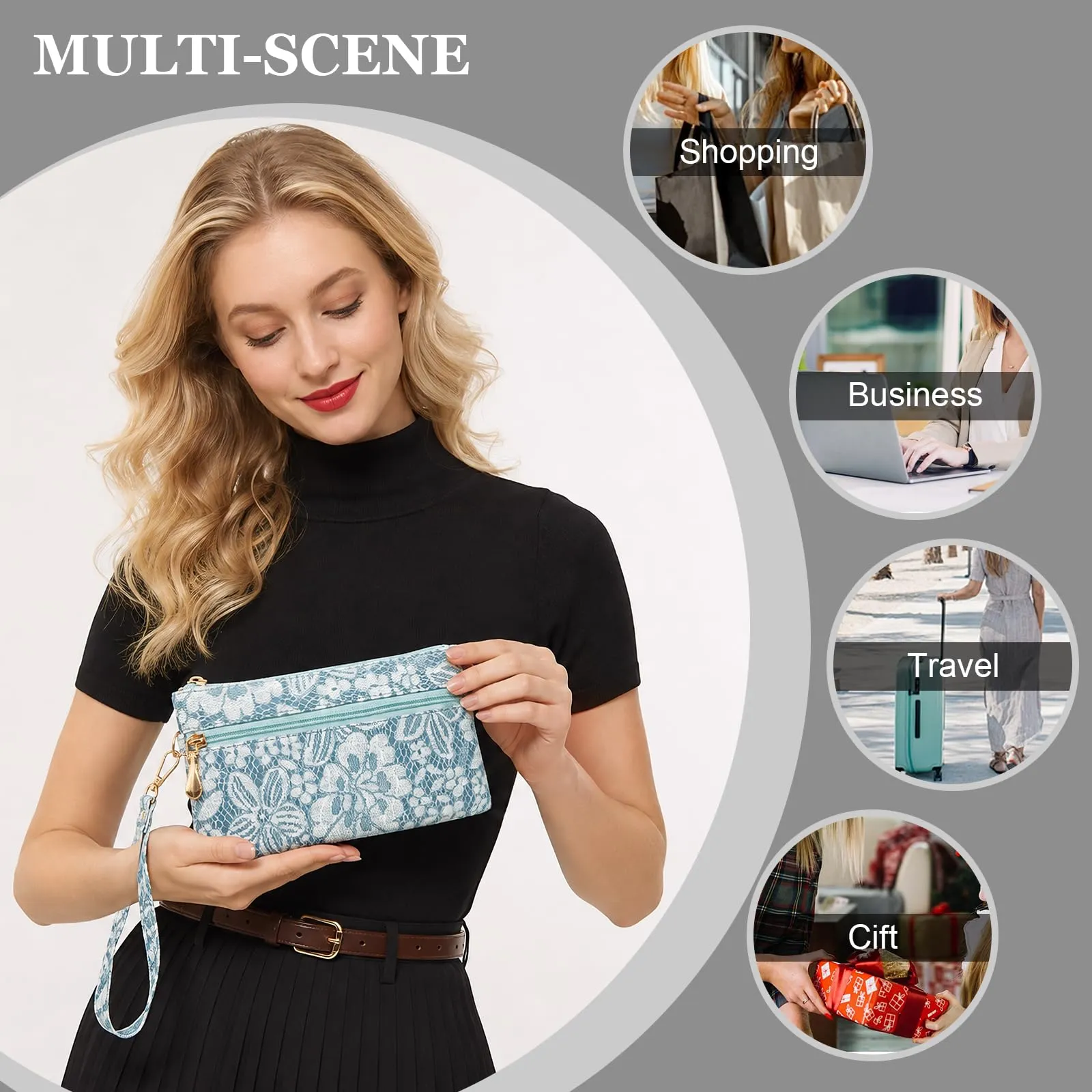 LJCZKA Portafoglio da Polso Pelle Donna Pochette da Polso Zip Grande Capacità Frizione Cellulare Porta Carte con Cinturino da Polso, Portachiavi (Blu-5) - immagine 7