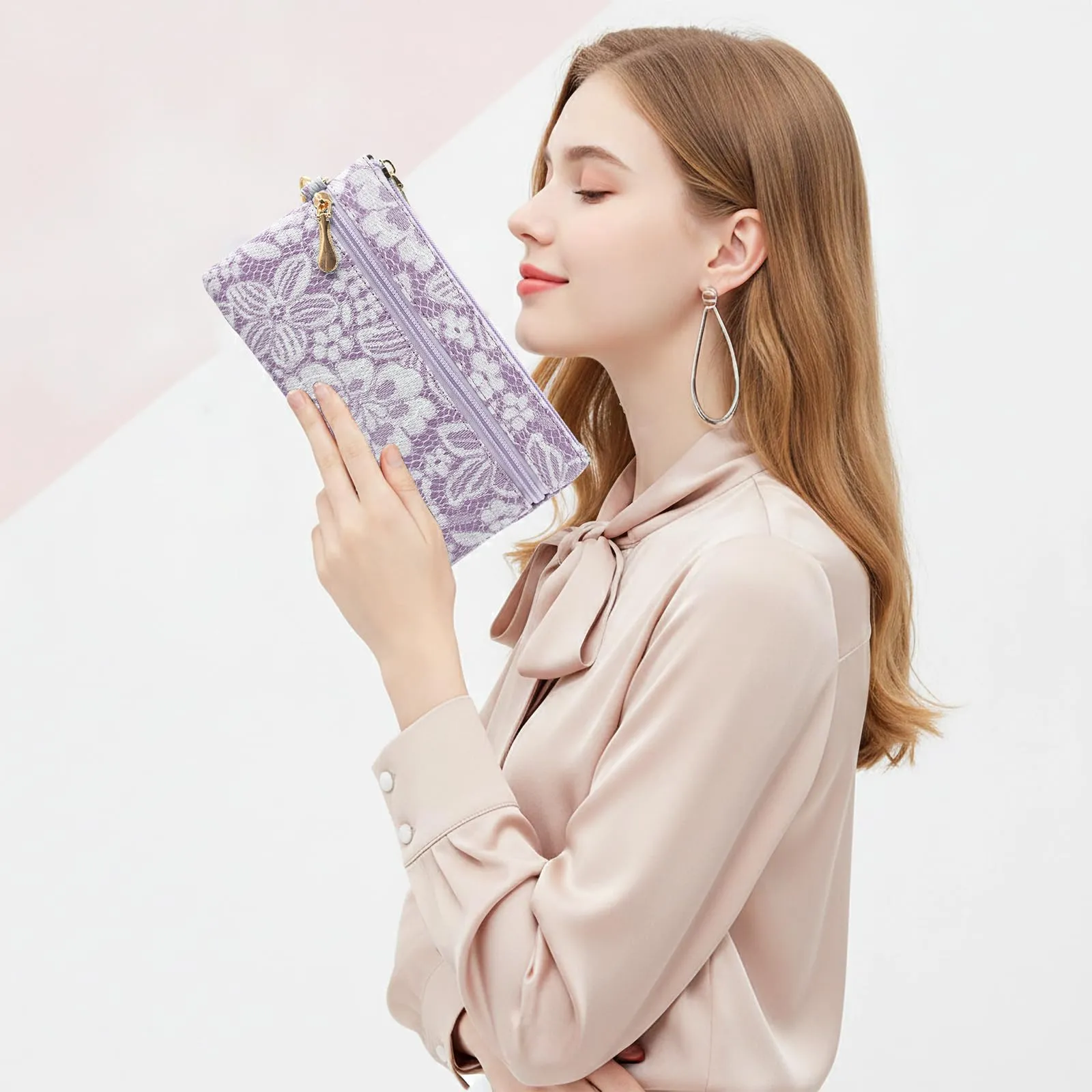 LJCZKA Portafoglio da Polso Pelle Donna Pochette da Polso Zip Grande Capacità Frizione Cellulare Porta Carte con Cinturino da Polso, Portachiavi (Viola-5) - immagine 2