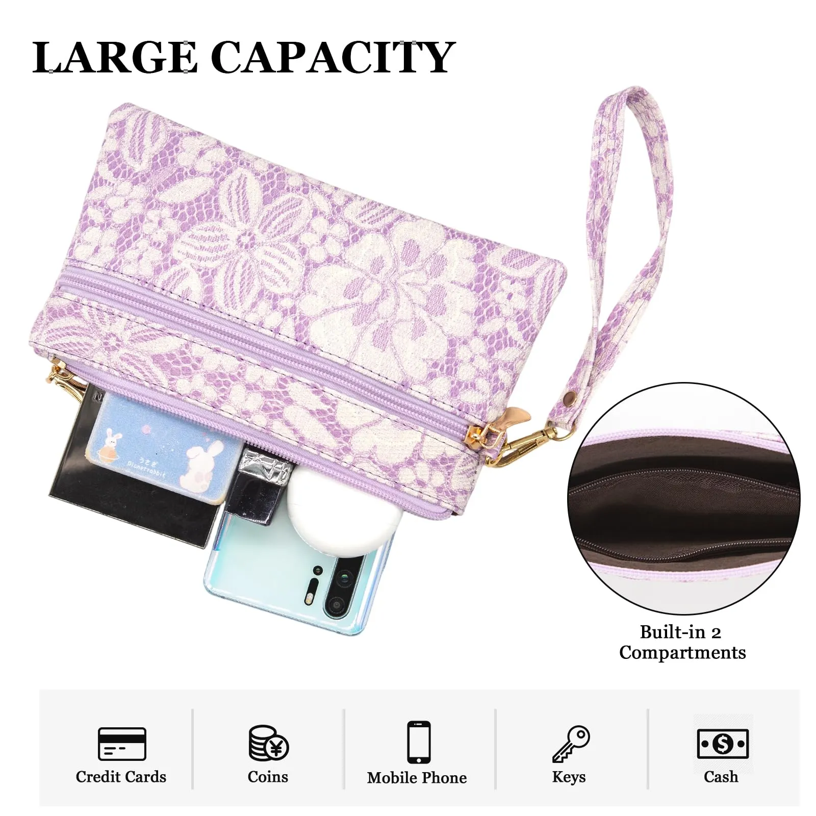 LJCZKA Portafoglio da Polso Pelle Donna Pochette da Polso Zip Grande Capacità Frizione Cellulare Porta Carte con Cinturino da Polso, Portachiavi (Viola-5) - immagine 4