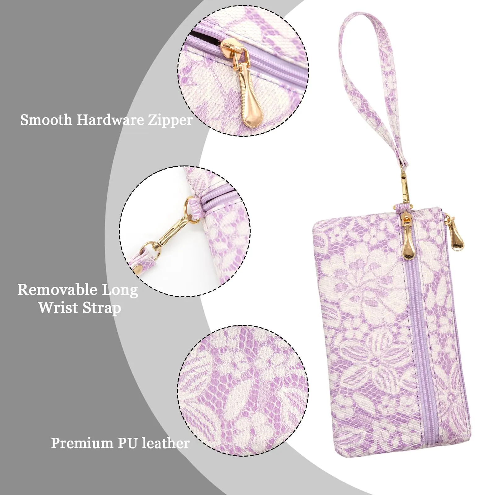 LJCZKA Portafoglio da Polso Pelle Donna Pochette da Polso Zip Grande Capacità Frizione Cellulare Porta Carte con Cinturino da Polso, Portachiavi (Viola-5) - immagine 5