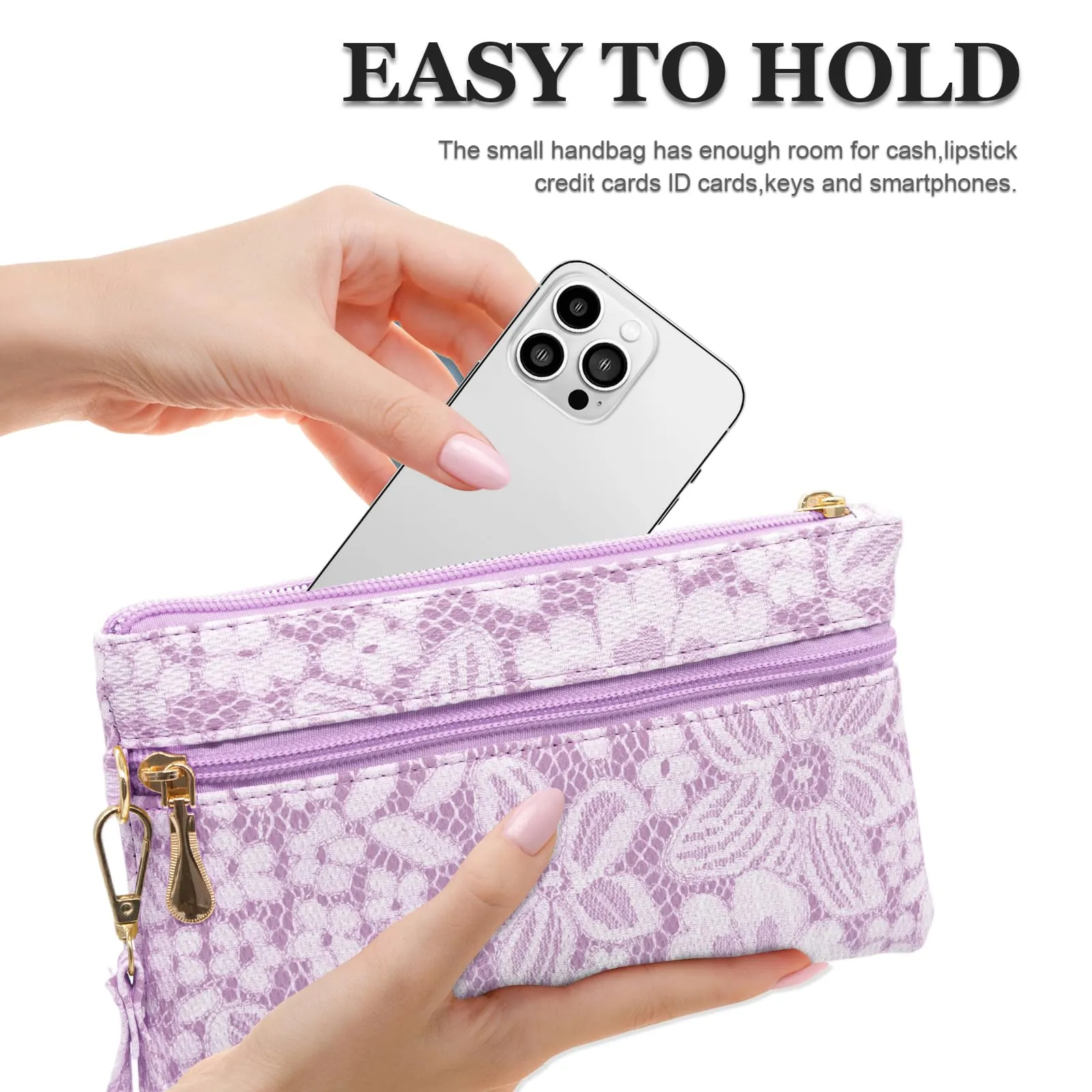 LJCZKA Portafoglio da Polso Pelle Donna Pochette da Polso Zip Grande Capacità Frizione Cellulare Porta Carte con Cinturino da Polso, Portachiavi (Viola-5) - immagine 6