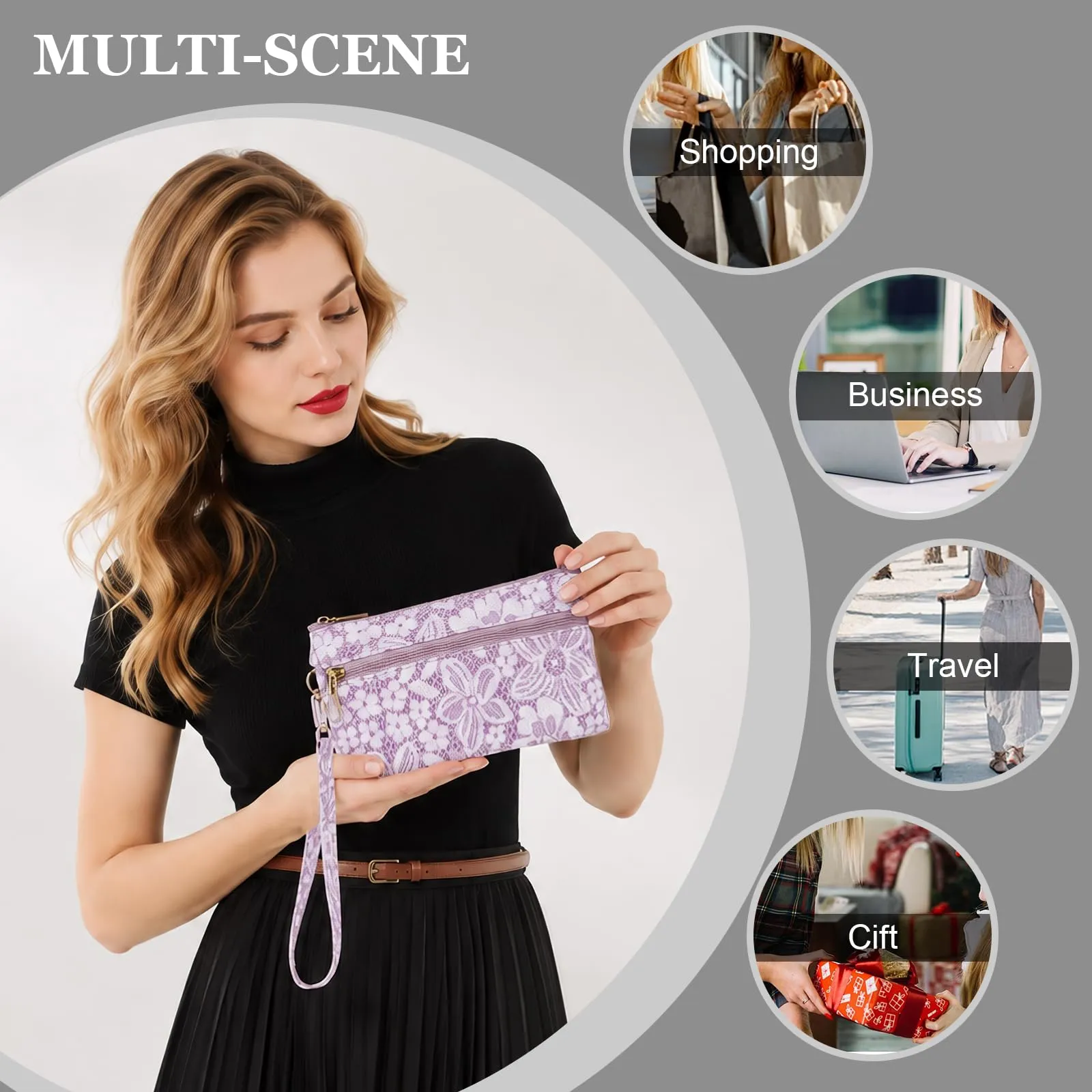 LJCZKA Portafoglio da Polso Pelle Donna Pochette da Polso Zip Grande Capacità Frizione Cellulare Porta Carte con Cinturino da Polso, Portachiavi (Viola-5) - immagine 7
