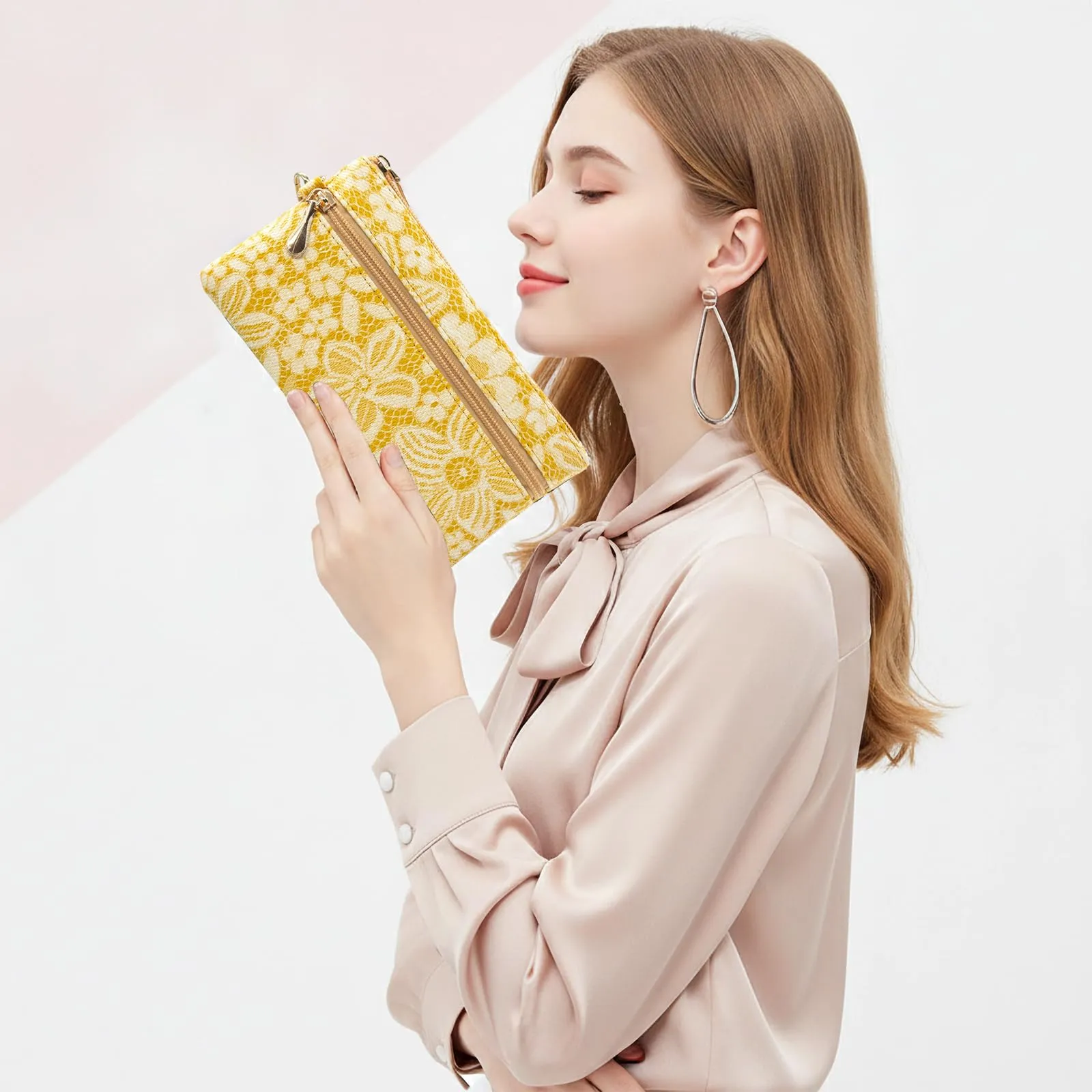 LJCZKA Portafoglio da Polso Pelle Donna Pochette da Polso Zip Grande Capacità Frizione Cellulare Porta Carte con Cinturino da Polso, Portachiavi (Giallo-5) - immagine 2