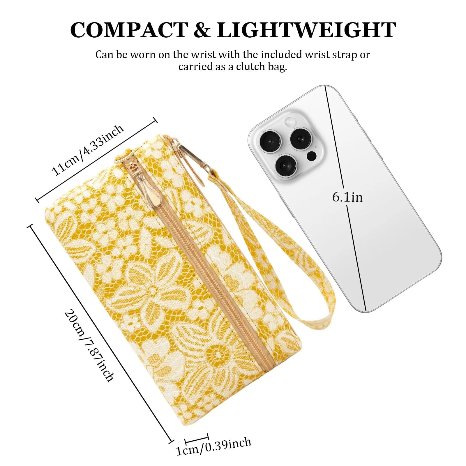 LJCZKA Portafoglio da Polso Pelle Donna Pochette da Polso Zip Grande Capacità Frizione Cellulare Porta Carte con Cinturino da Polso, Portachiavi (Giallo-5) - immagine 3