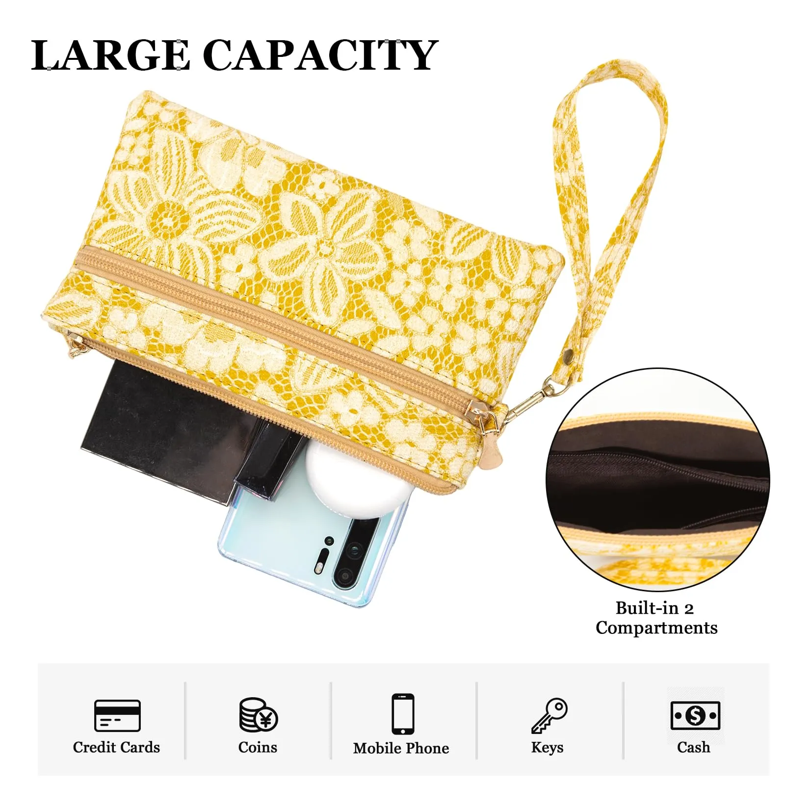 LJCZKA Portafoglio da Polso Pelle Donna Pochette da Polso Zip Grande Capacità Frizione Cellulare Porta Carte con Cinturino da Polso, Portachiavi (Giallo-5) - immagine 4
