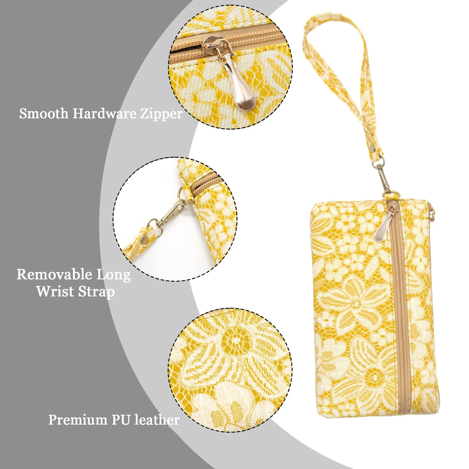LJCZKA Portafoglio da Polso Pelle Donna Pochette da Polso Zip Grande Capacità Frizione Cellulare Porta Carte con Cinturino da Polso, Portachiavi (Giallo-5) - immagine 5
