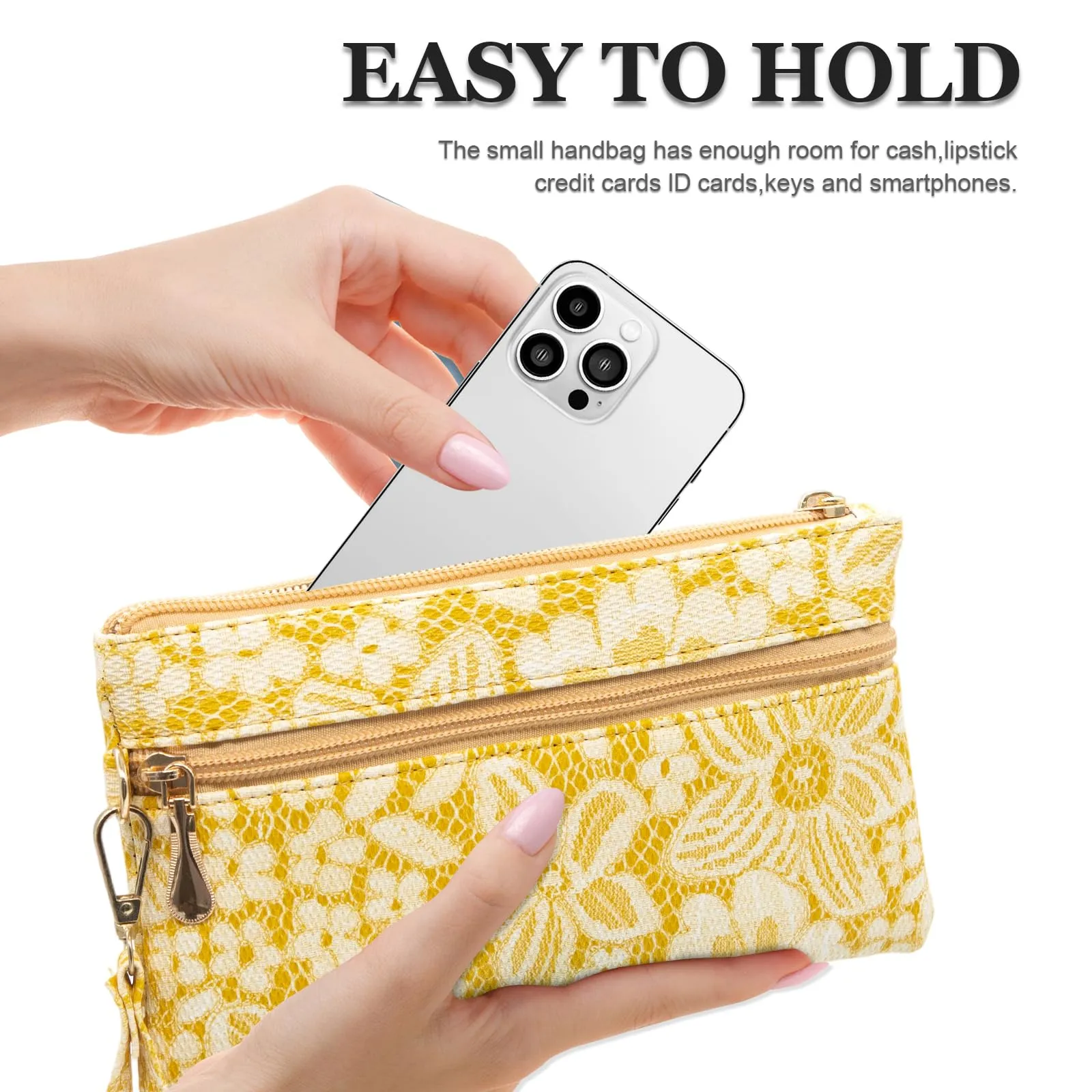 LJCZKA Portafoglio da Polso Pelle Donna Pochette da Polso Zip Grande Capacità Frizione Cellulare Porta Carte con Cinturino da Polso, Portachiavi (Giallo-5) - immagine 6