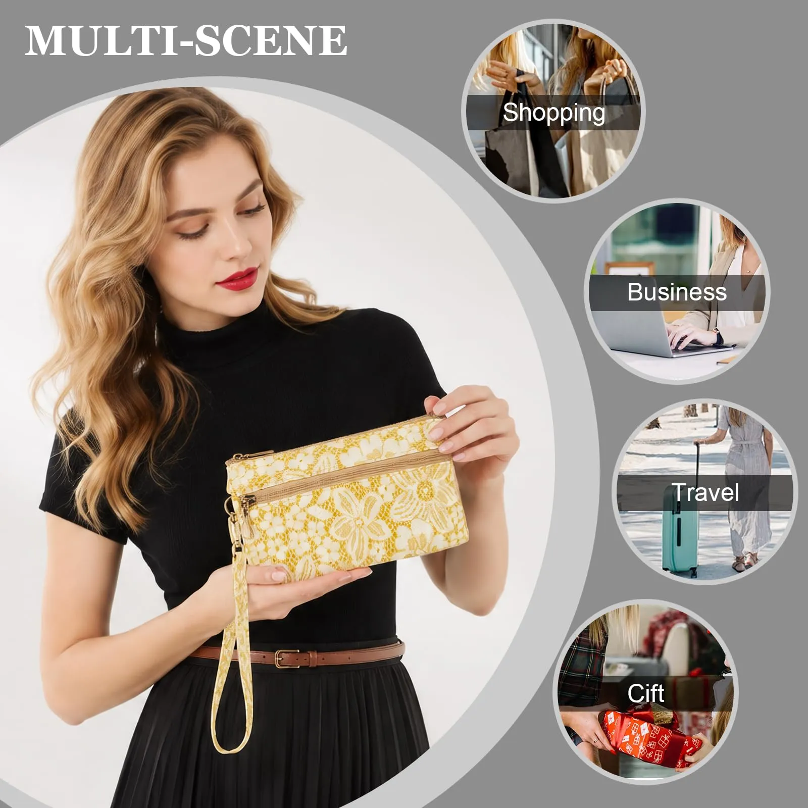 LJCZKA Portafoglio da Polso Pelle Donna Pochette da Polso Zip Grande Capacità Frizione Cellulare Porta Carte con Cinturino da Polso, Portachiavi (Giallo-5) - immagine 7