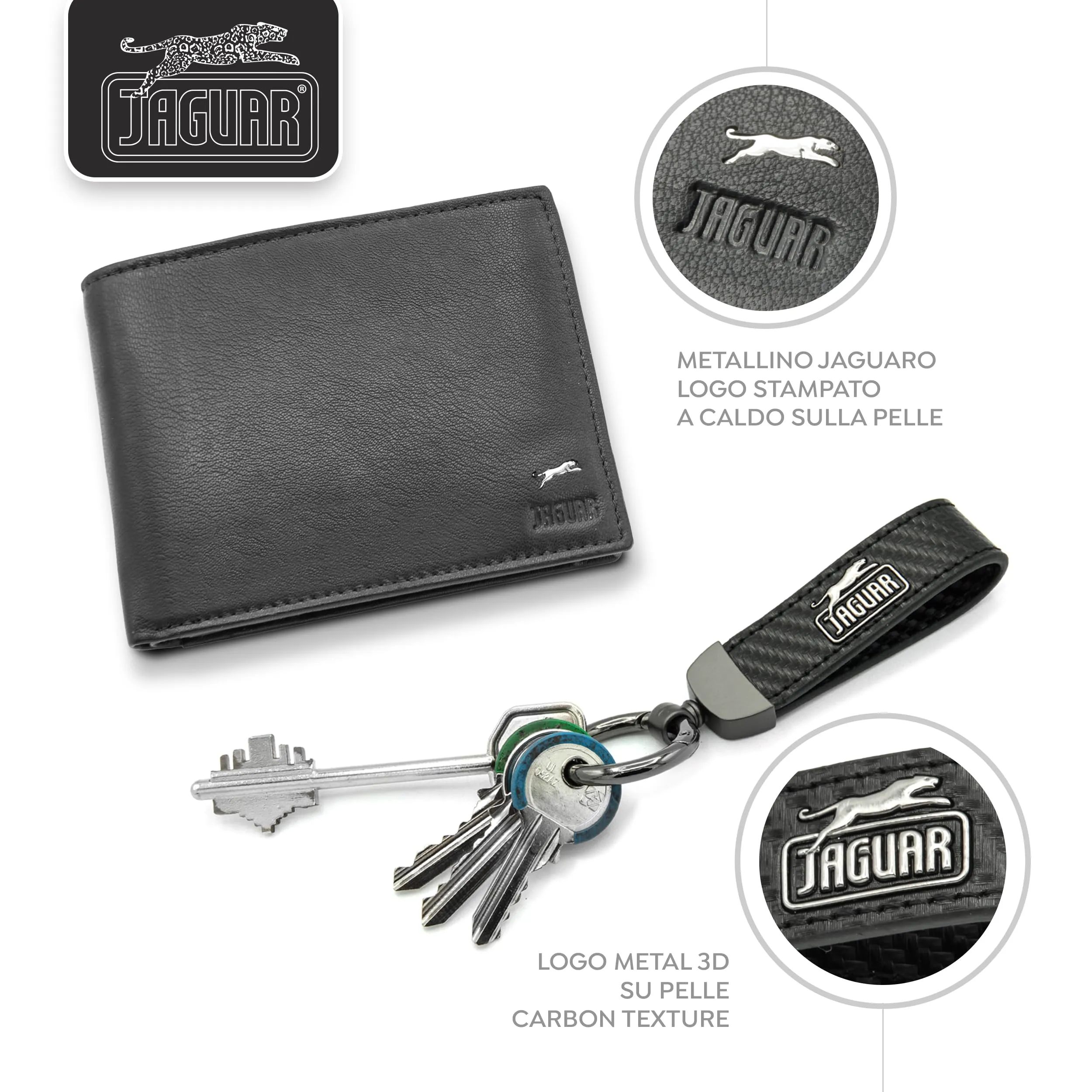 JAGUAR Regalo Uomo Cofanetto Portafoglio Uomo in Pelle Nera con Protezione RFID e Portachiavi in Pelle Bycast Color Carbonio, Idea Regalo Originale Compleanno con Elegante Cofanetto in Legno - immagine 3