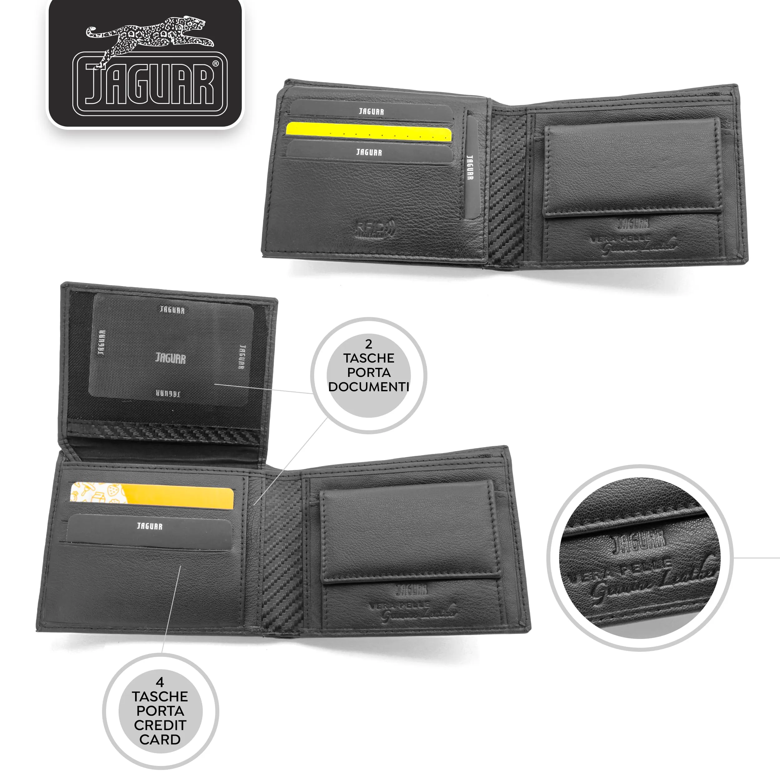 JAGUAR Regalo Uomo Cofanetto Portafoglio Uomo in Pelle Nera con Protezione RFID e Portachiavi in Pelle Bycast Color Carbonio, Idea Regalo Originale Compleanno con Elegante Cofanetto in Legno - immagine 5