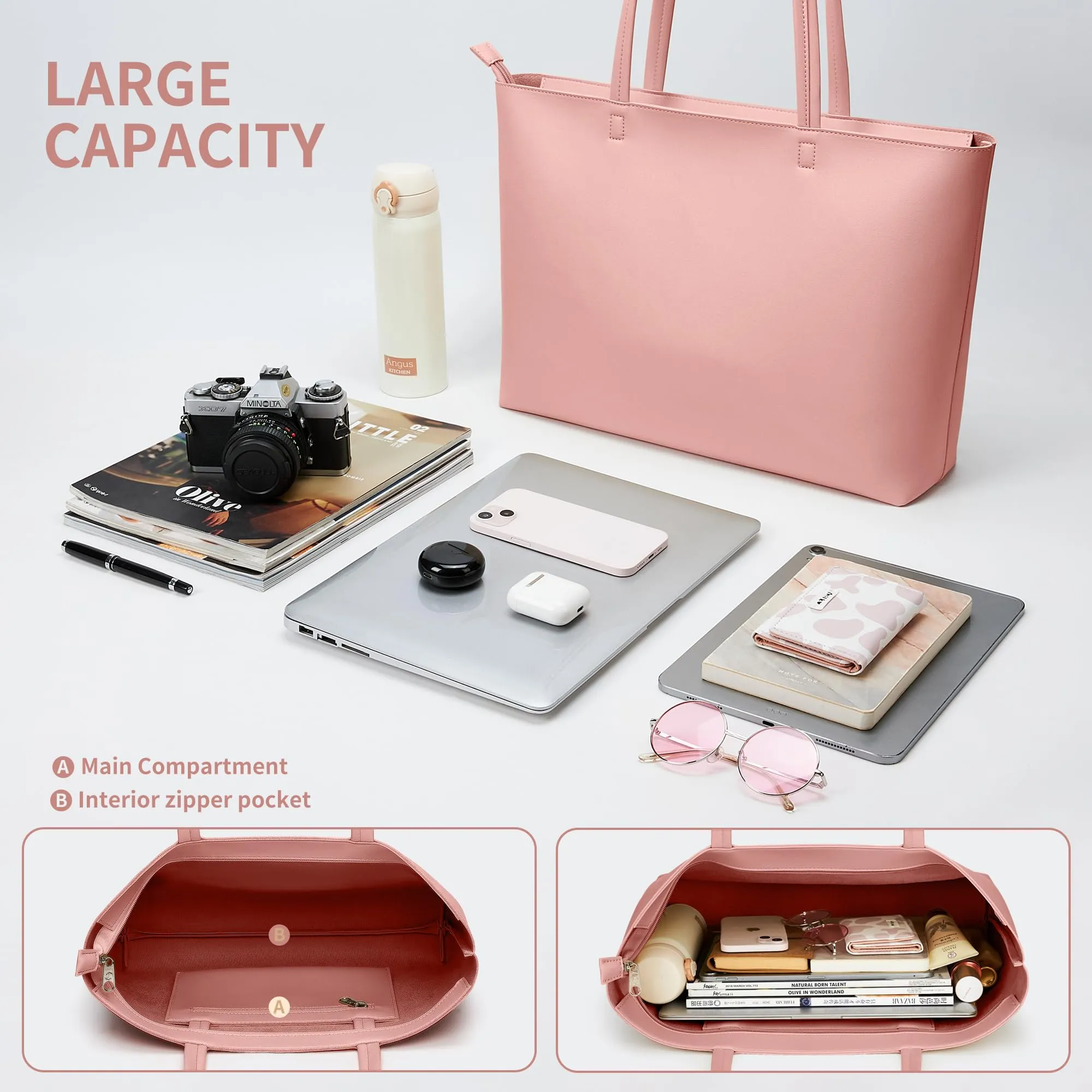 KALIDI Borsa Tote Borse da Donna Borsa a Spalla Grande con Cerniera Impermeabile PU Borse Tote da Donna per Lavoro Scuola Viaggio Uso Quotidiano, Large - immagine 4