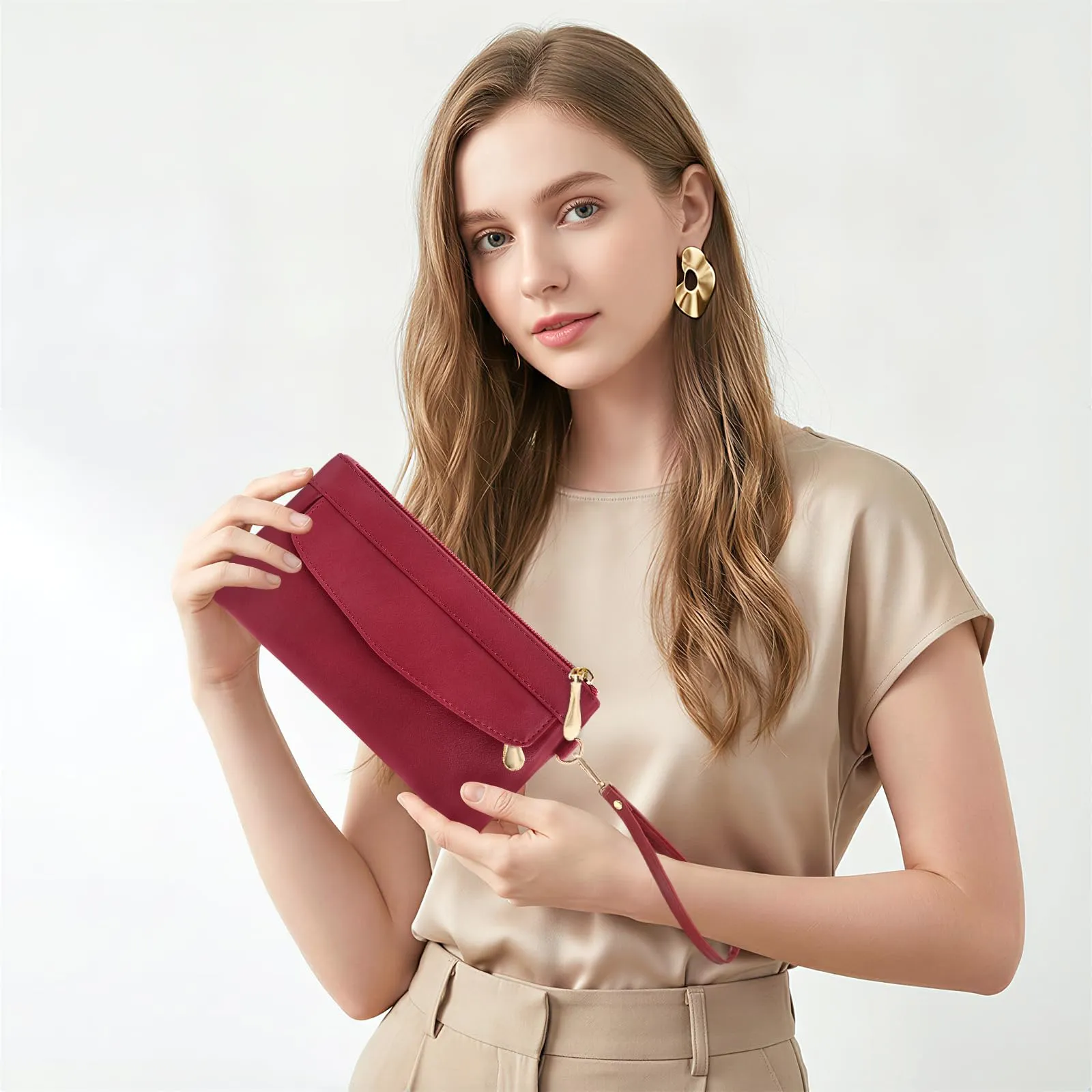 LJCZKA Portafoglio da Polso Pelle Donna Pochette da Polso Zip Grande Capacità Frizione Cellulare Porta Carte con Cinturino da Polso, Portachiavi (Rosso-6) - immagine 2