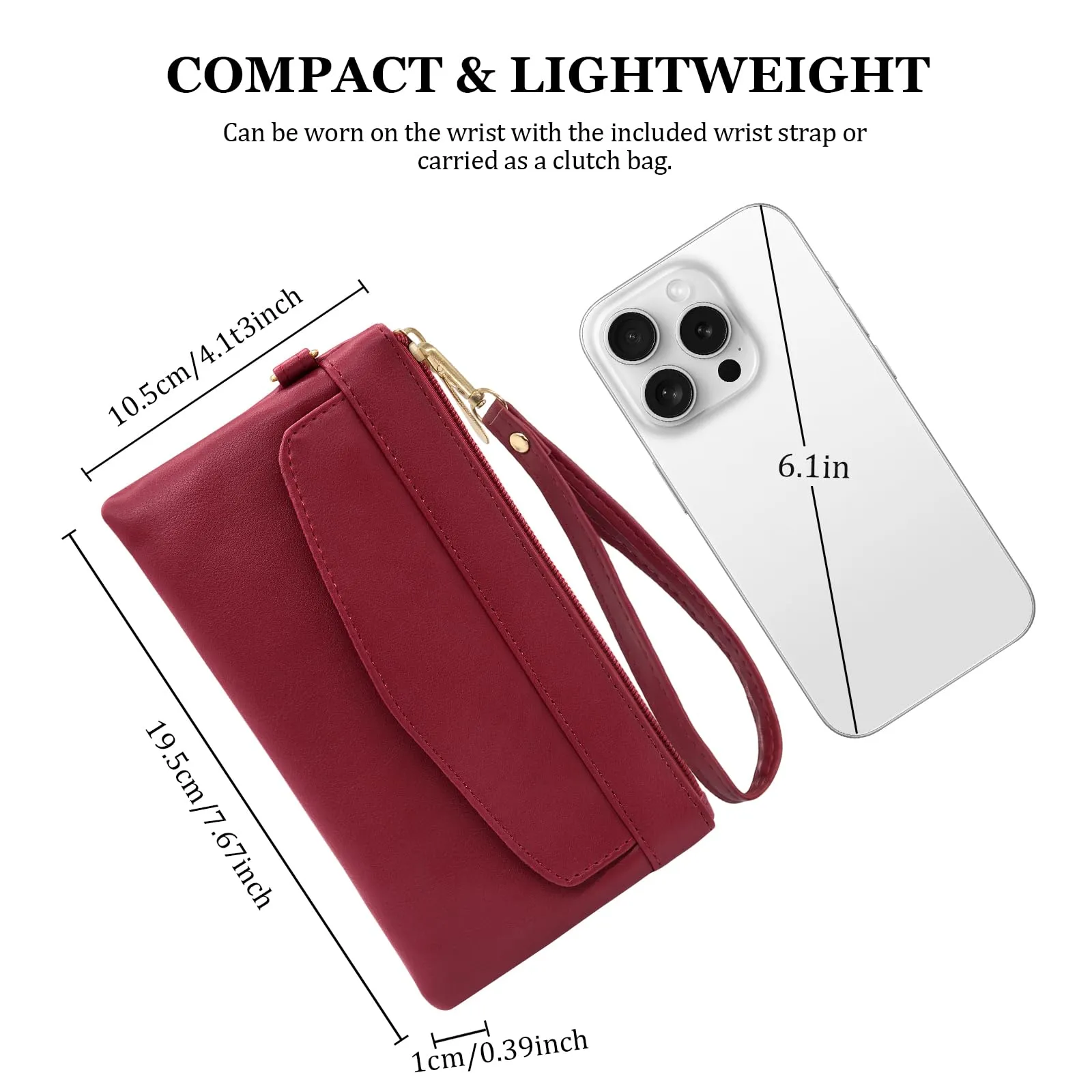 LJCZKA Portafoglio da Polso Pelle Donna Pochette da Polso Zip Grande Capacità Frizione Cellulare Porta Carte con Cinturino da Polso, Portachiavi (Rosso-6) - immagine 3