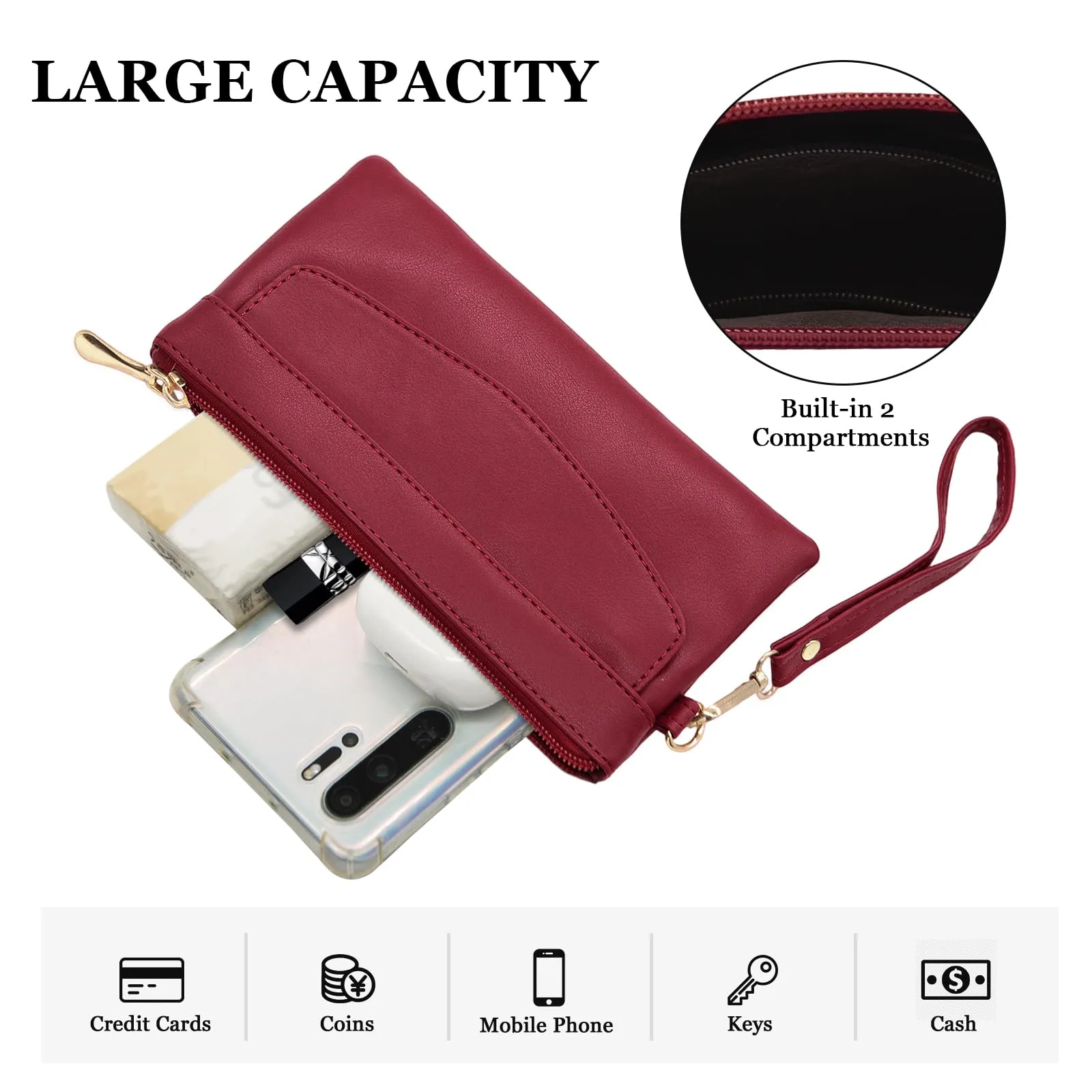 LJCZKA Portafoglio da Polso Pelle Donna Pochette da Polso Zip Grande Capacità Frizione Cellulare Porta Carte con Cinturino da Polso, Portachiavi (Rosso-6) - immagine 4