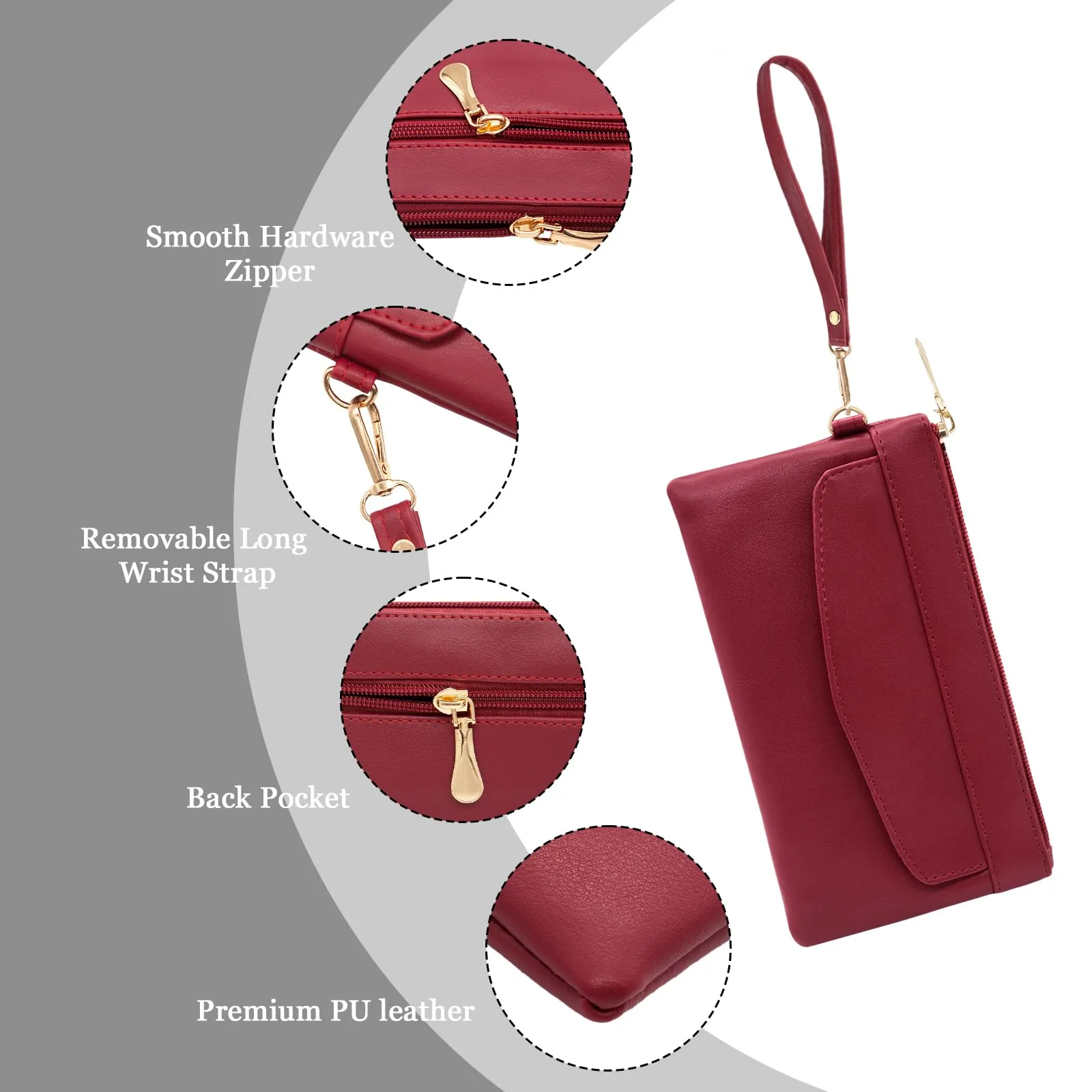 LJCZKA Portafoglio da Polso Pelle Donna Pochette da Polso Zip Grande Capacità Frizione Cellulare Porta Carte con Cinturino da Polso, Portachiavi (Rosso-6) - immagine 5
