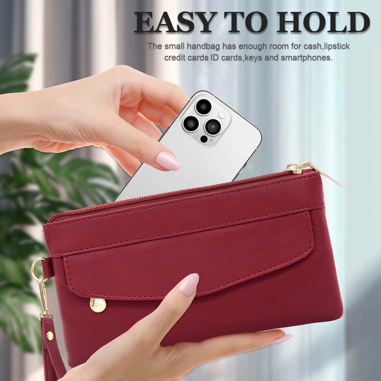 LJCZKA Portafoglio da Polso Pelle Donna Pochette da Polso Zip Grande Capacità Frizione Cellulare Porta Carte con Cinturino da Polso, Portachiavi (Rosso-6) - immagine 6