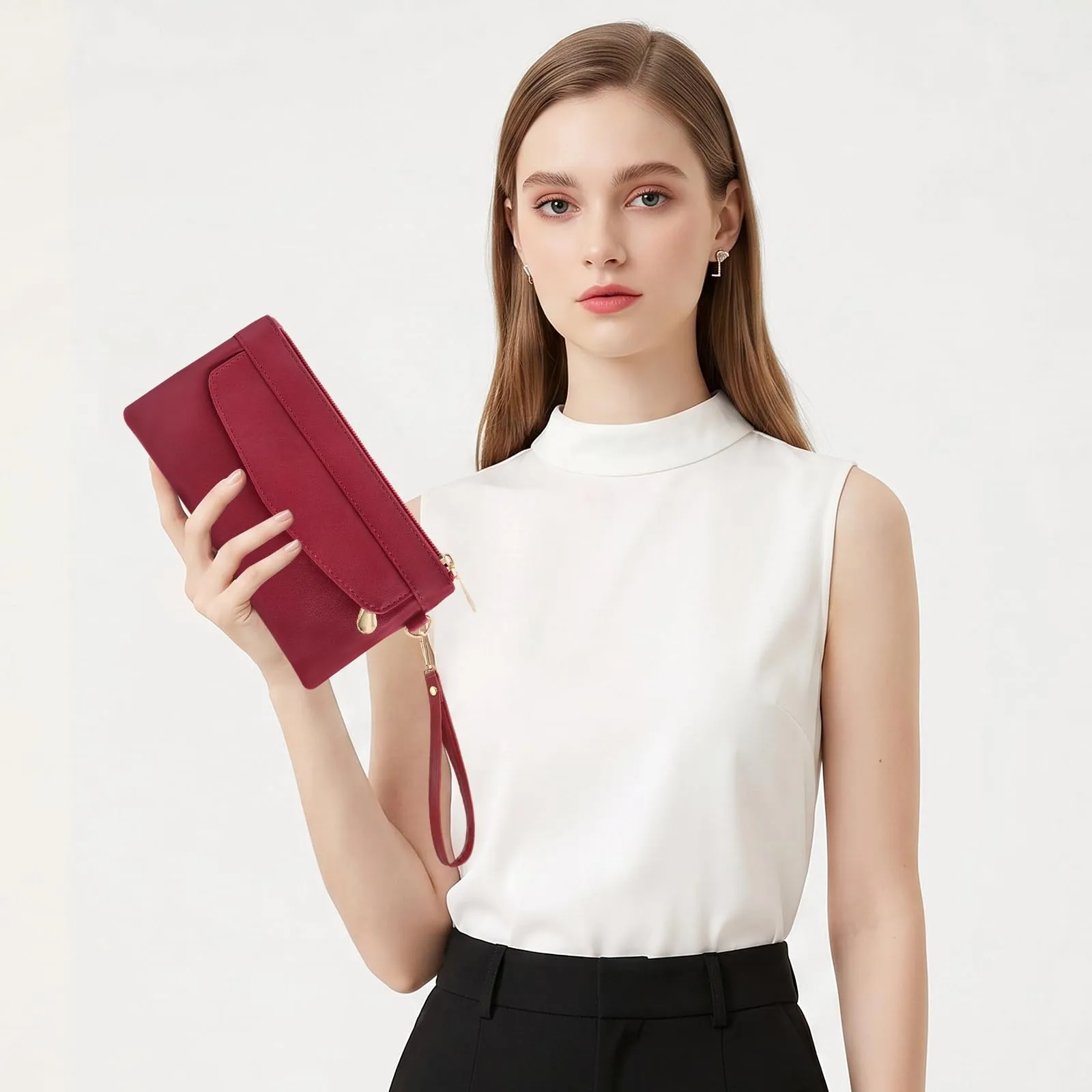 LJCZKA Portafoglio da Polso Pelle Donna Pochette da Polso Zip Grande Capacità Frizione Cellulare Porta Carte con Cinturino da Polso, Portachiavi (Rosso-6) - immagine 7