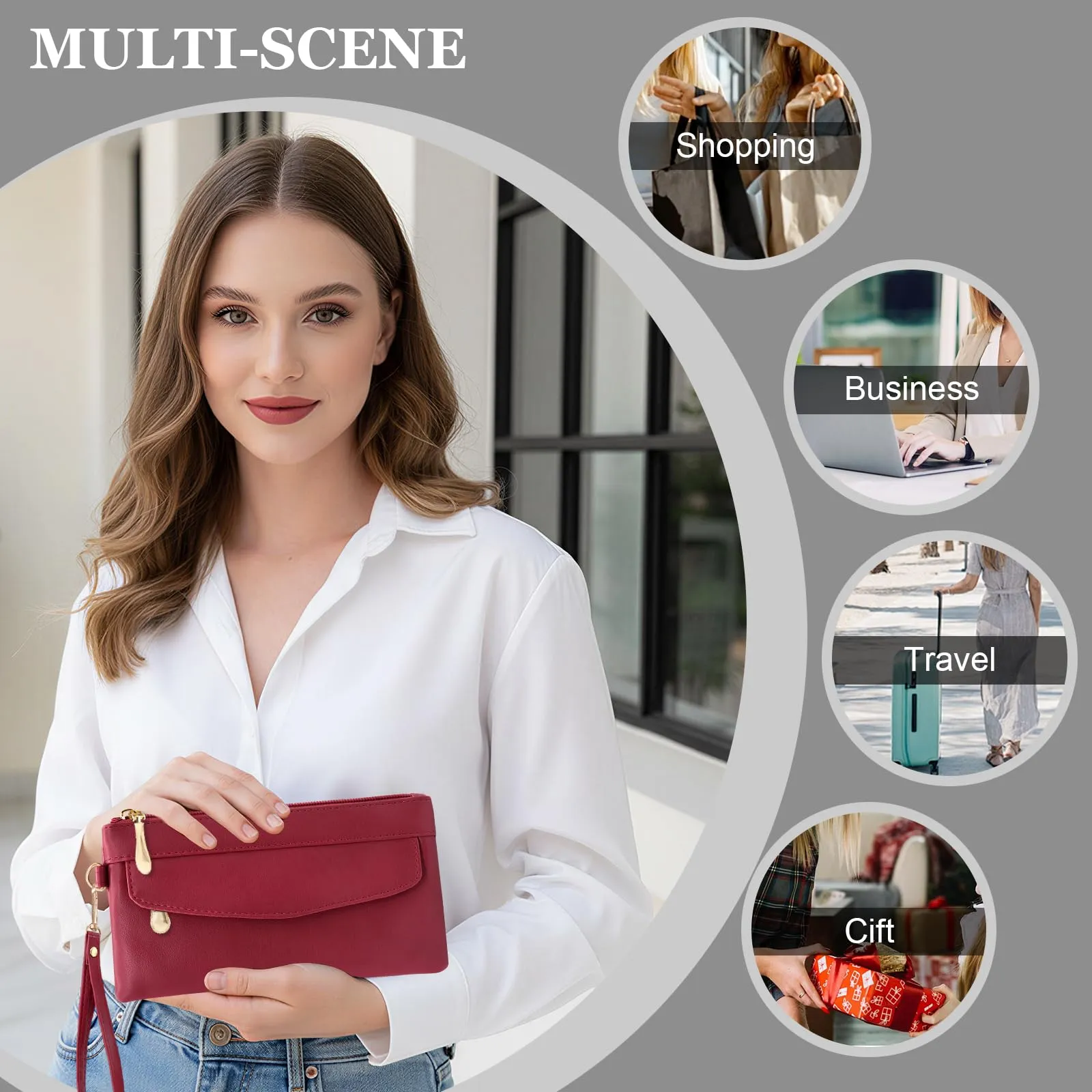 LJCZKA Portafoglio da Polso Pelle Donna Pochette da Polso Zip Grande Capacità Frizione Cellulare Porta Carte con Cinturino da Polso, Portachiavi (Rosso-6) - immagine 8
