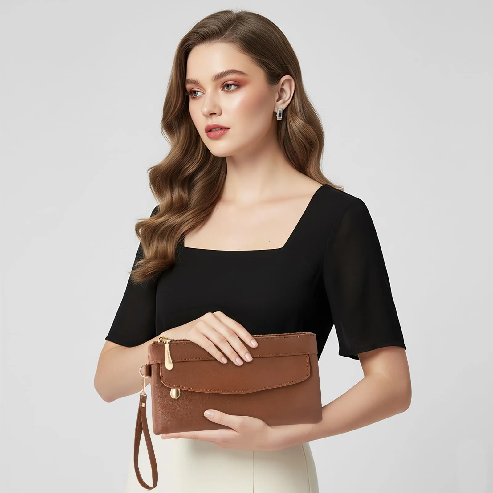 LJCZKA Portafoglio da Polso Pelle Donna Pochette da Polso Zip Grande Capacità Frizione Cellulare Porta Carte con Cinturino da Polso, Portachiavi (Marrone-6) - immagine 2