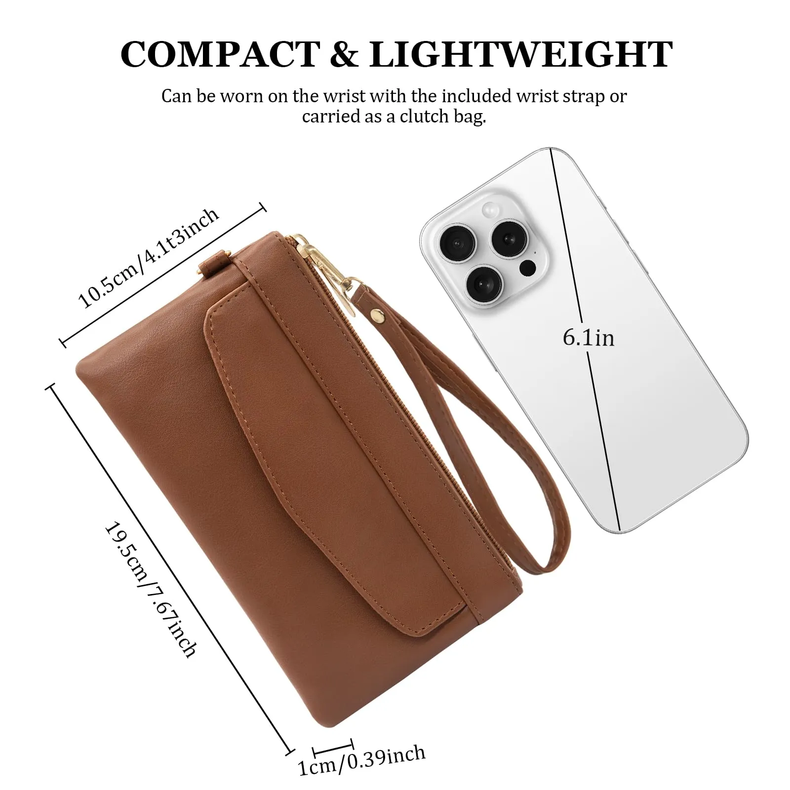 LJCZKA Portafoglio da Polso Pelle Donna Pochette da Polso Zip Grande Capacità Frizione Cellulare Porta Carte con Cinturino da Polso, Portachiavi (Marrone-6) - immagine 3