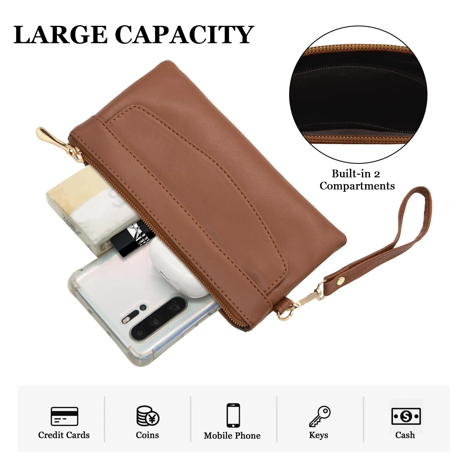LJCZKA Portafoglio da Polso Pelle Donna Pochette da Polso Zip Grande Capacità Frizione Cellulare Porta Carte con Cinturino da Polso, Portachiavi (Marrone-6) - immagine 4