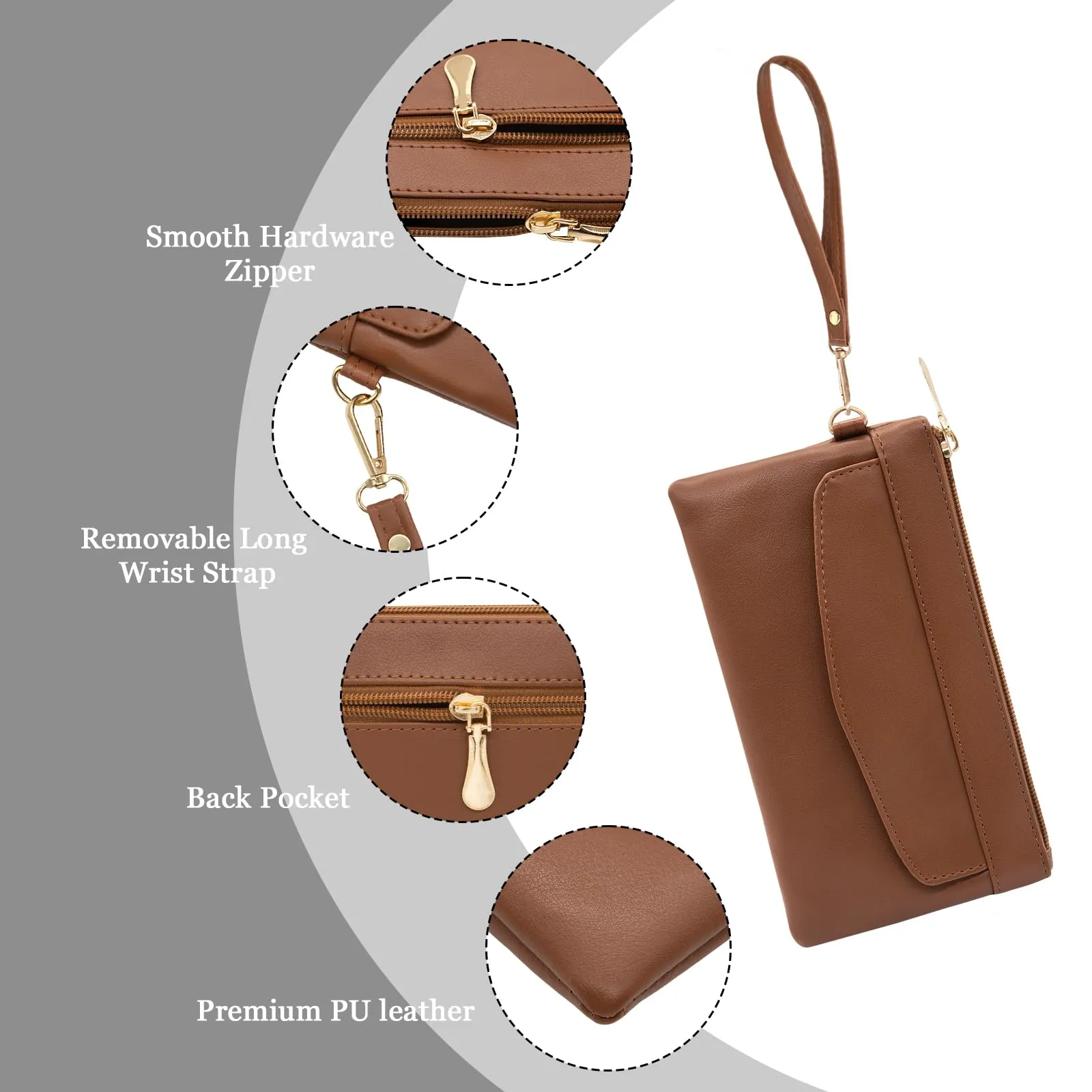 LJCZKA Portafoglio da Polso Pelle Donna Pochette da Polso Zip Grande Capacità Frizione Cellulare Porta Carte con Cinturino da Polso, Portachiavi (Marrone-6) - immagine 5