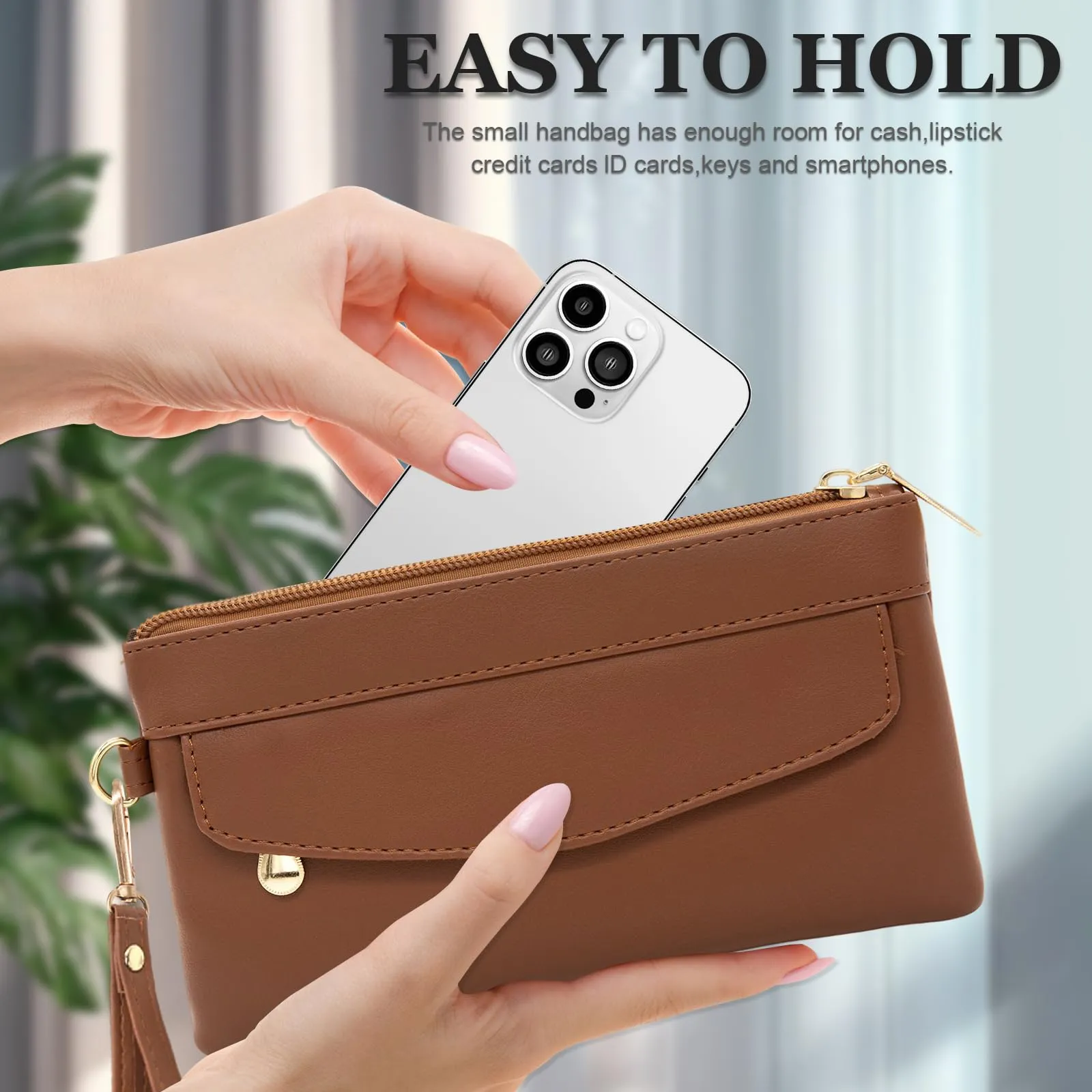 LJCZKA Portafoglio da Polso Pelle Donna Pochette da Polso Zip Grande Capacità Frizione Cellulare Porta Carte con Cinturino da Polso, Portachiavi (Marrone-6) - immagine 6