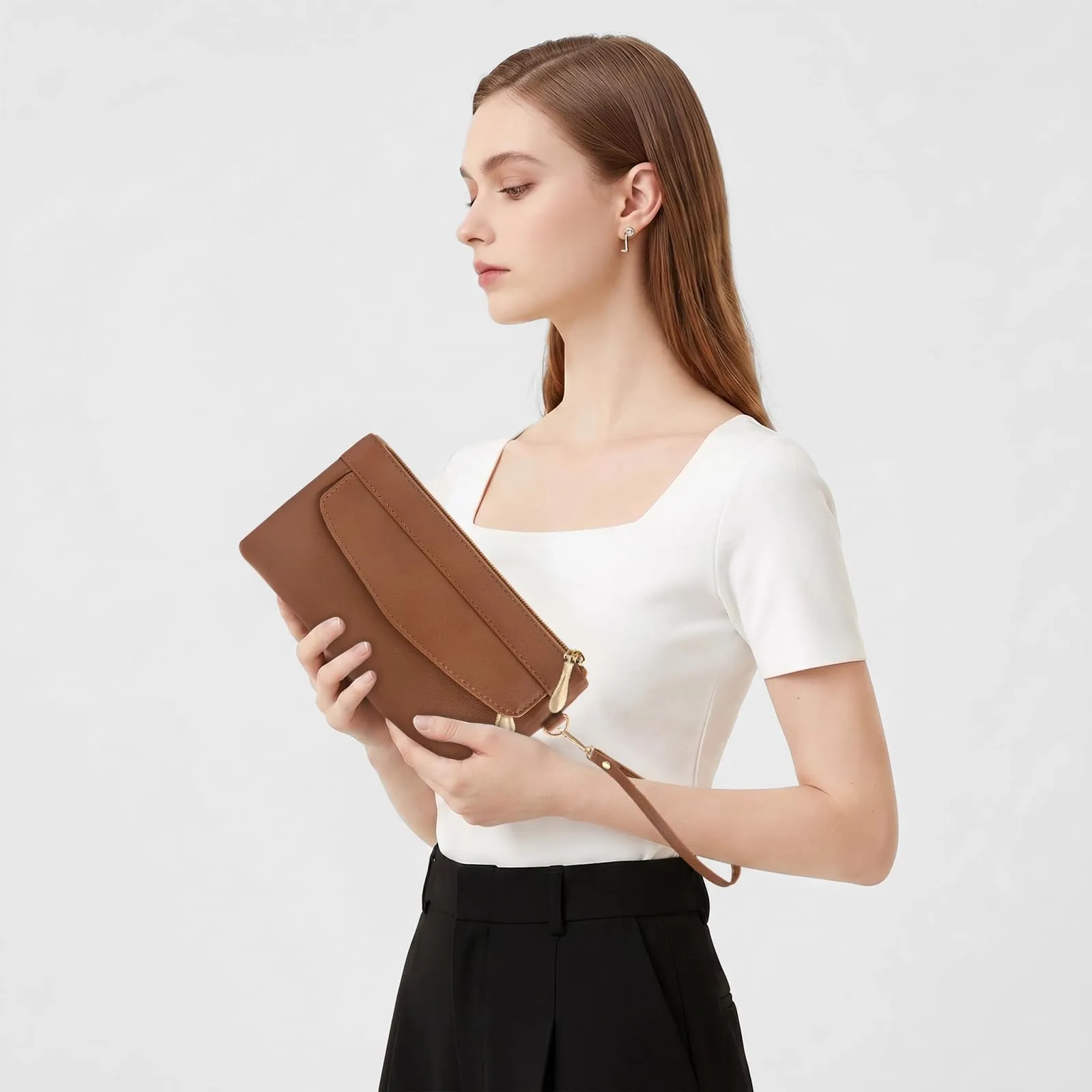 LJCZKA Portafoglio da Polso Pelle Donna Pochette da Polso Zip Grande Capacità Frizione Cellulare Porta Carte con Cinturino da Polso, Portachiavi (Marrone-6) - immagine 7