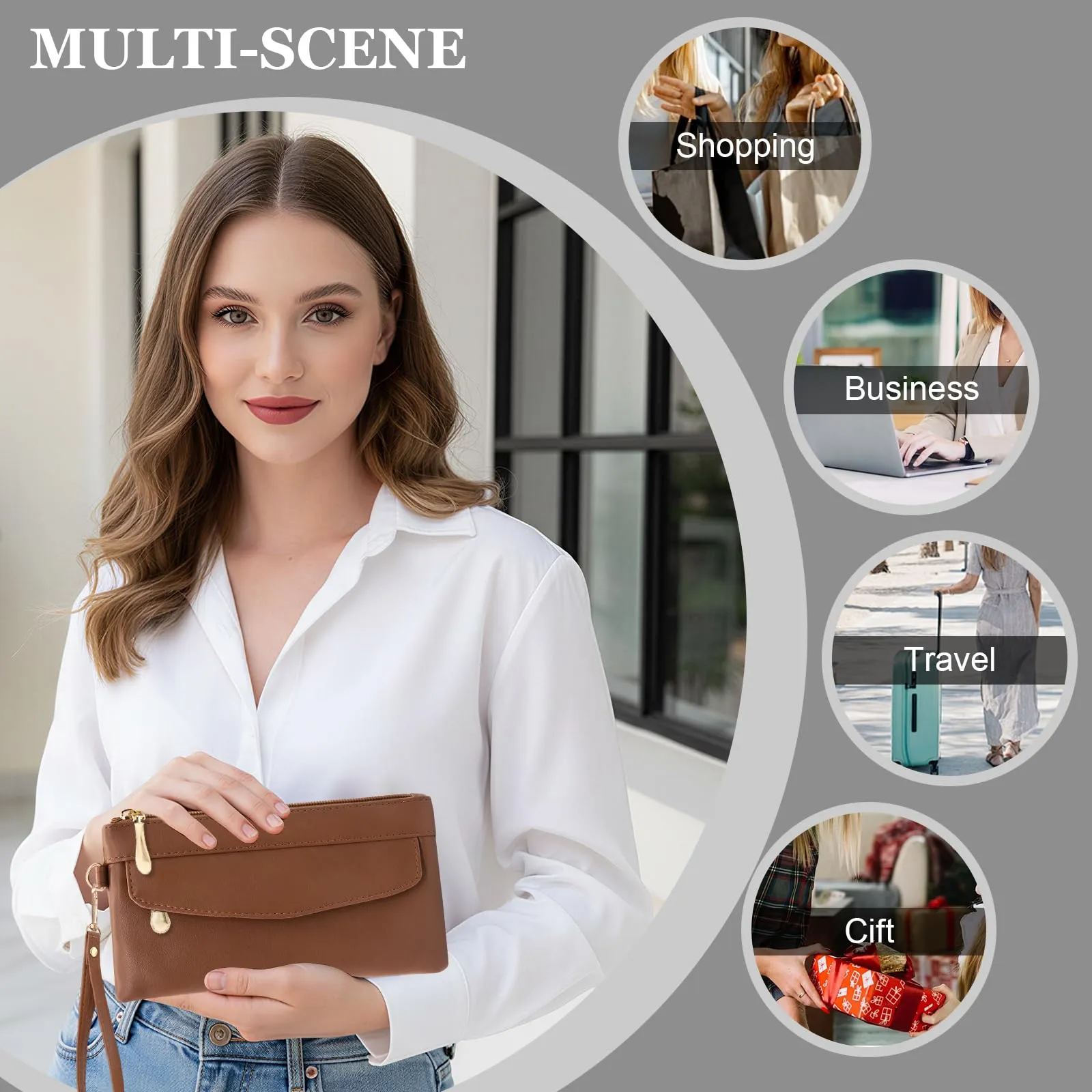 LJCZKA Portafoglio da Polso Pelle Donna Pochette da Polso Zip Grande Capacità Frizione Cellulare Porta Carte con Cinturino da Polso, Portachiavi (Marrone-6) - immagine 8