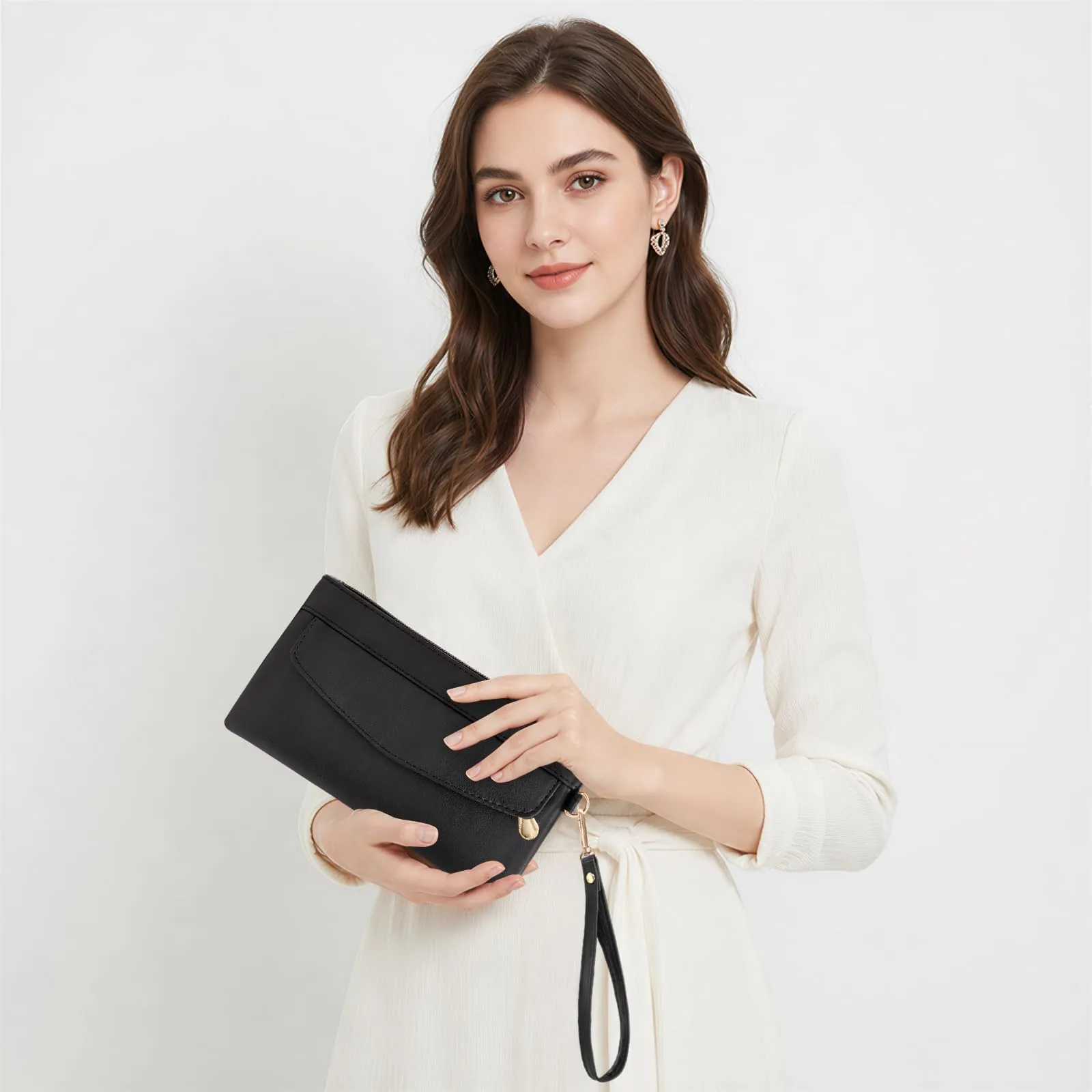 LJCZKA Portafoglio da Polso Pelle Donna Pochette da Polso Zip Grande Capacità Frizione Cellulare Porta Carte con Cinturino da Polso, Portachiavi (Nero-6) - immagine 2