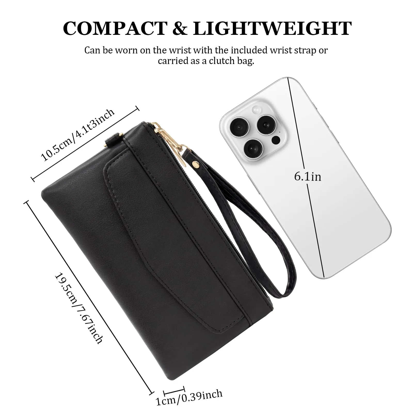 LJCZKA Portafoglio da Polso Pelle Donna Pochette da Polso Zip Grande Capacità Frizione Cellulare Porta Carte con Cinturino da Polso, Portachiavi (Nero-6) - immagine 3