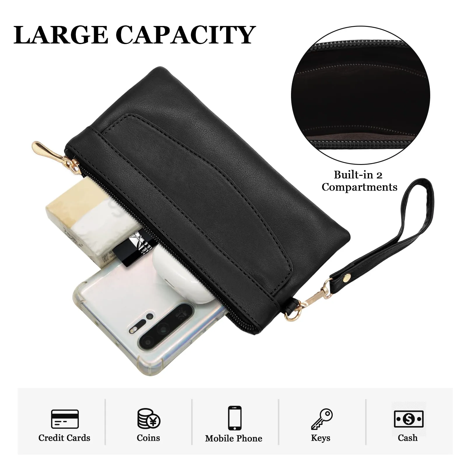 LJCZKA Portafoglio da Polso Pelle Donna Pochette da Polso Zip Grande Capacità Frizione Cellulare Porta Carte con Cinturino da Polso, Portachiavi (Nero-6) - immagine 4