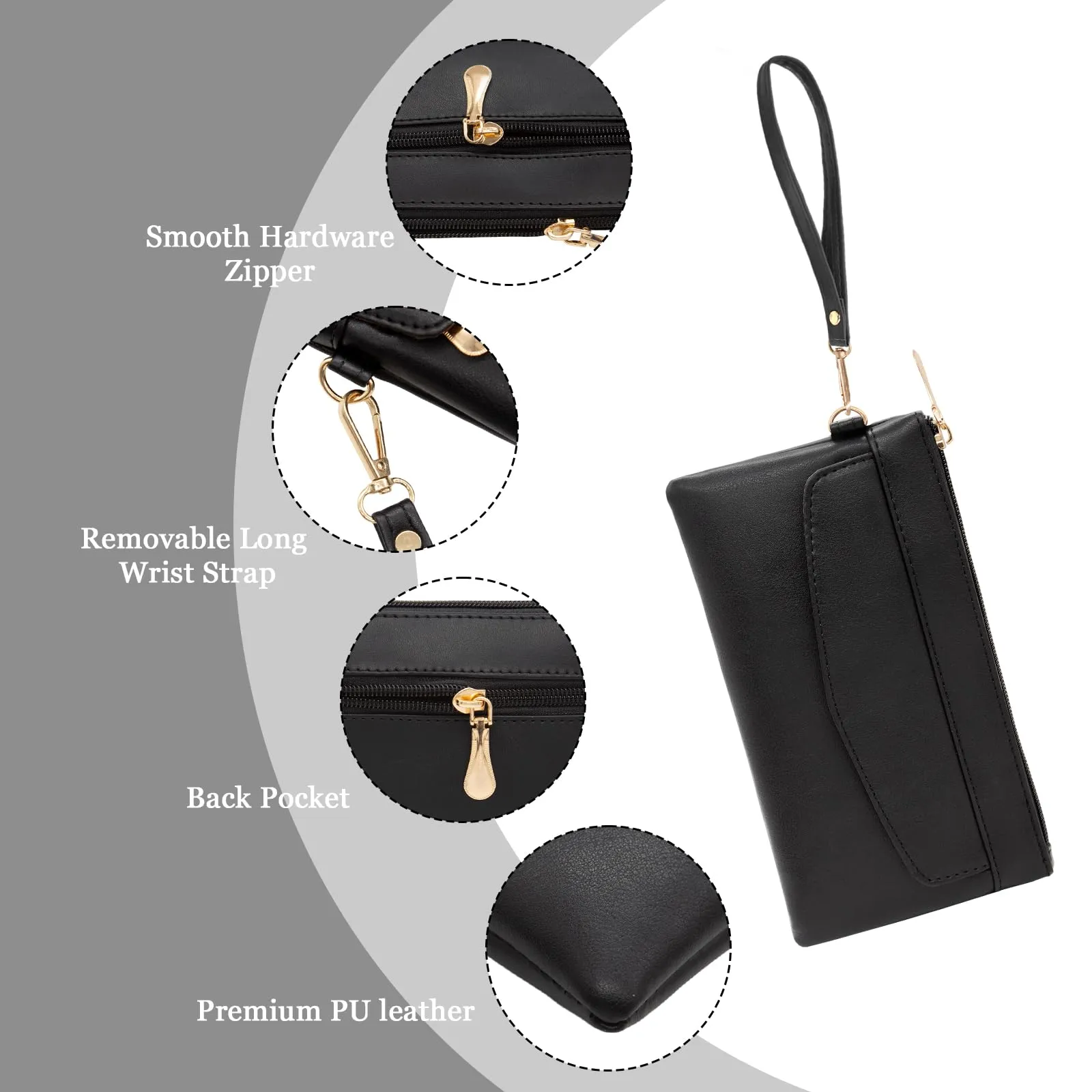 LJCZKA Portafoglio da Polso Pelle Donna Pochette da Polso Zip Grande Capacità Frizione Cellulare Porta Carte con Cinturino da Polso, Portachiavi (Nero-6) - immagine 5