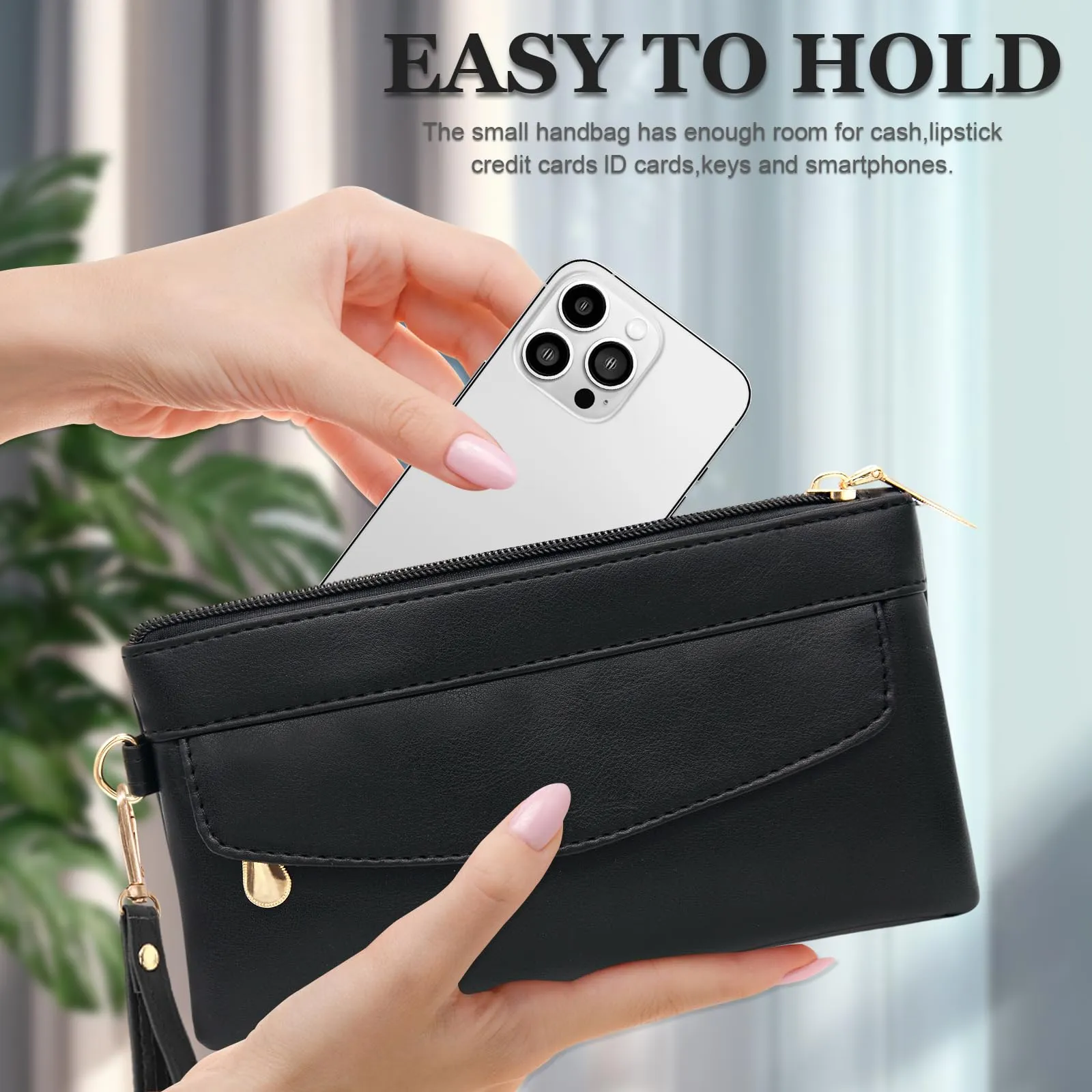 LJCZKA Portafoglio da Polso Pelle Donna Pochette da Polso Zip Grande Capacità Frizione Cellulare Porta Carte con Cinturino da Polso, Portachiavi (Nero-6) - immagine 6