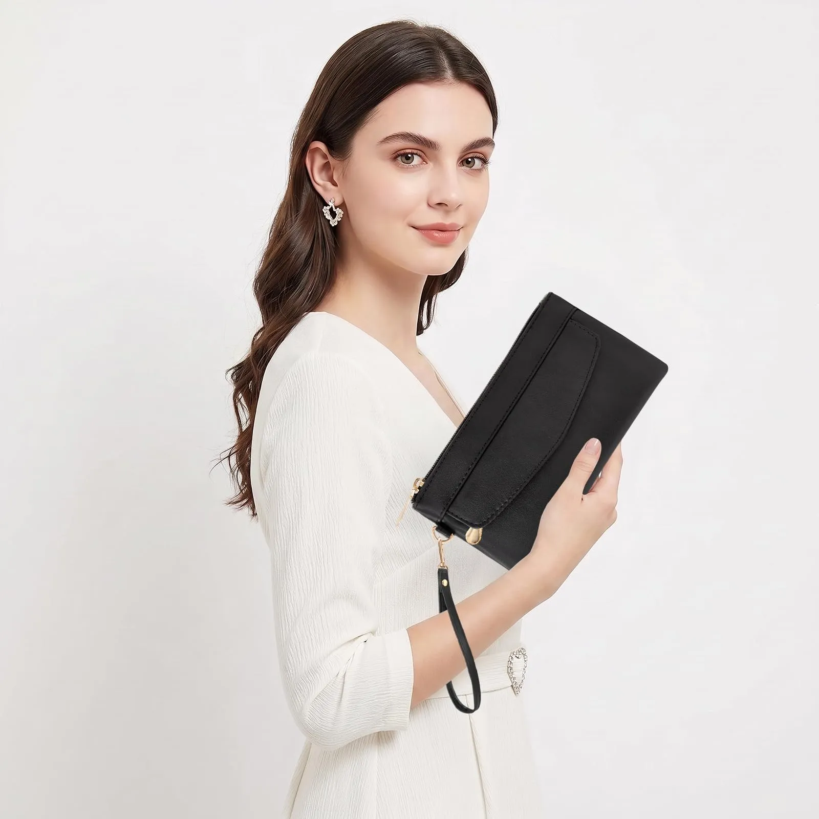 LJCZKA Portafoglio da Polso Pelle Donna Pochette da Polso Zip Grande Capacità Frizione Cellulare Porta Carte con Cinturino da Polso, Portachiavi (Nero-6) - immagine 7