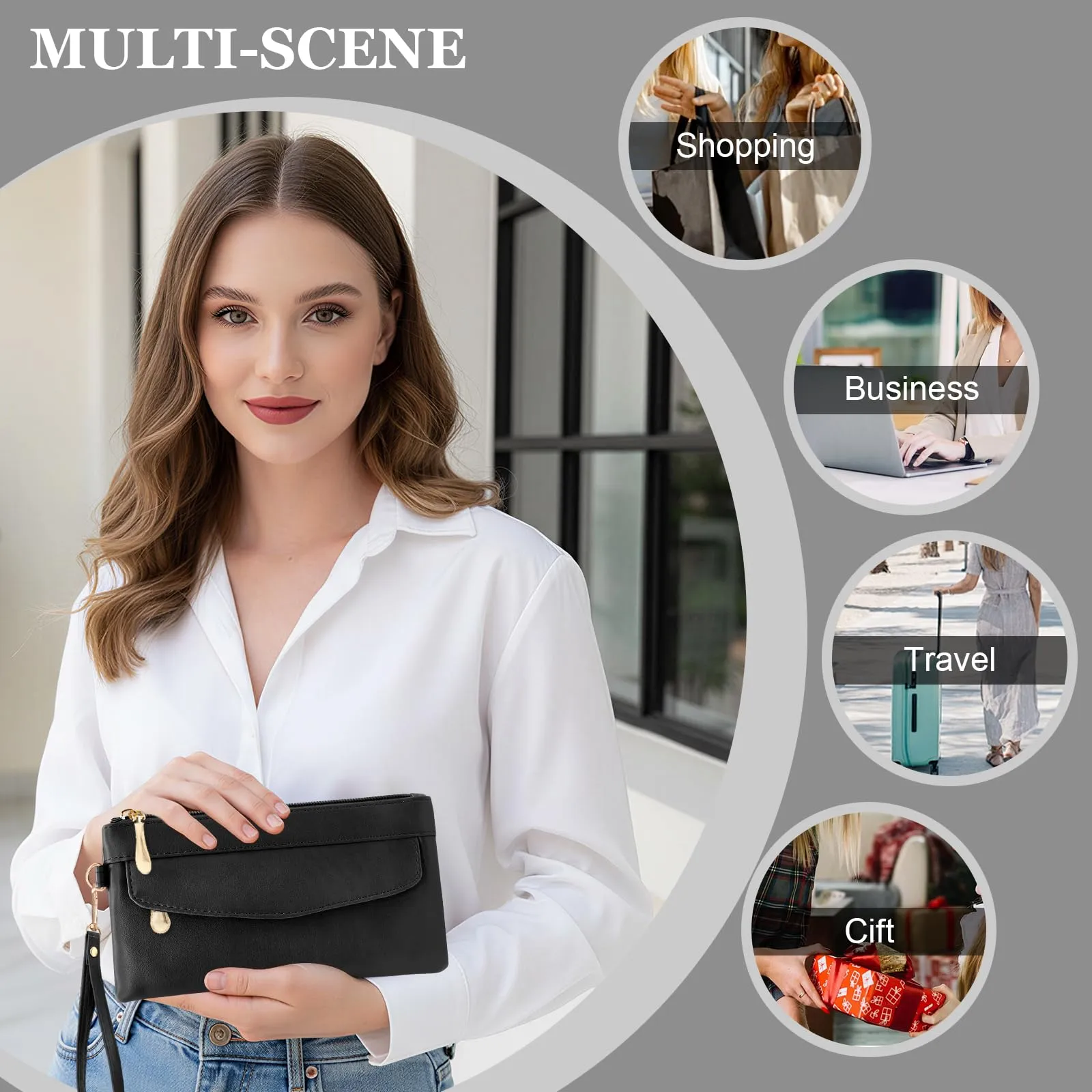 LJCZKA Portafoglio da Polso Pelle Donna Pochette da Polso Zip Grande Capacità Frizione Cellulare Porta Carte con Cinturino da Polso, Portachiavi (Nero-6) - immagine 8