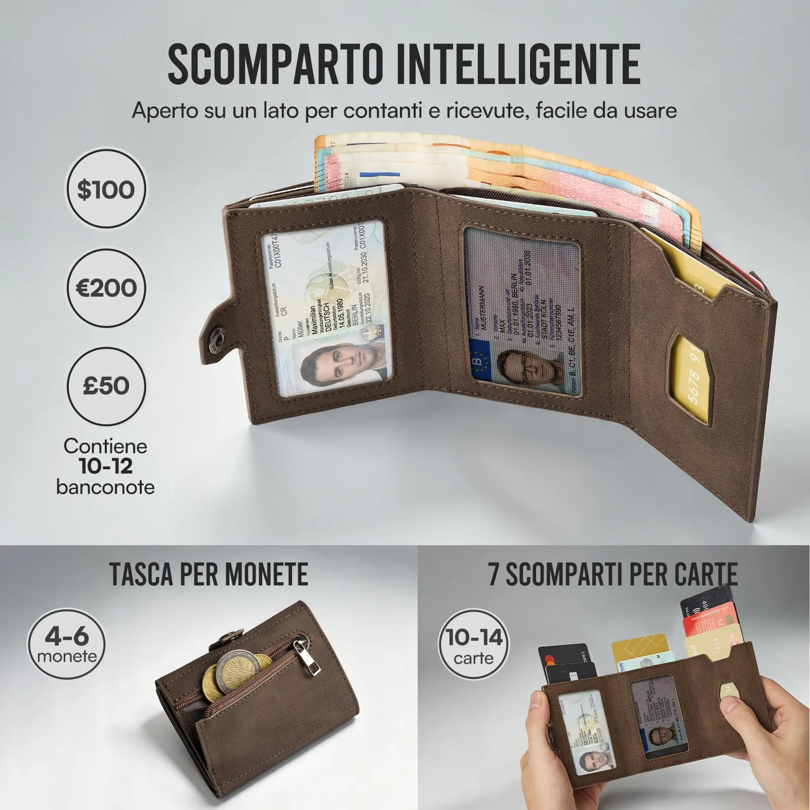 Slimwalt Portafoglio Uomo Spinta Carte a Dito, Portacarte per 14 Posti Carte, Protezione RFID Sottile per Lavoro Viaggio Regalo, Marrone - immagine 5