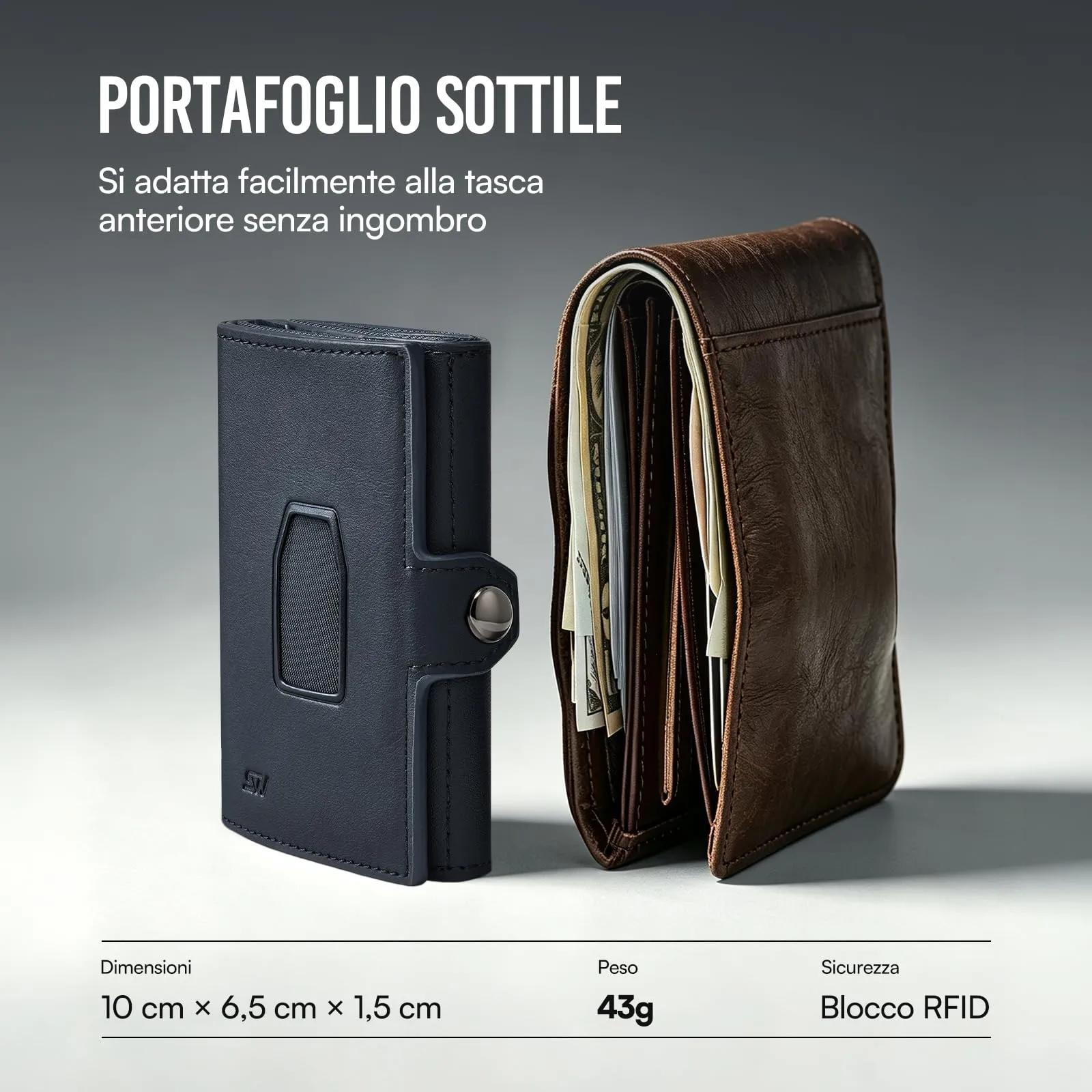Slimwalt Portafoglio Uomo Spinta Carte a Dito, Portacarte per 14 Posti Carte, Protezione RFID Sottile per Lavoro Viaggio Regalo, Blu - immagine 3