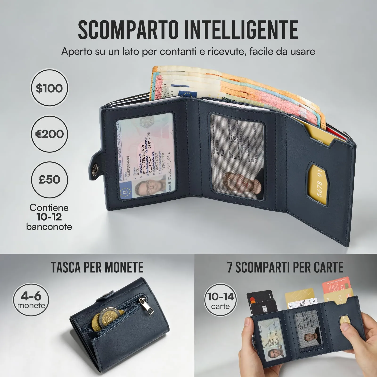 Slimwalt Portafoglio Uomo Spinta Carte a Dito, Portacarte per 14 Posti Carte, Protezione RFID Sottile per Lavoro Viaggio Regalo, Blu - immagine 5