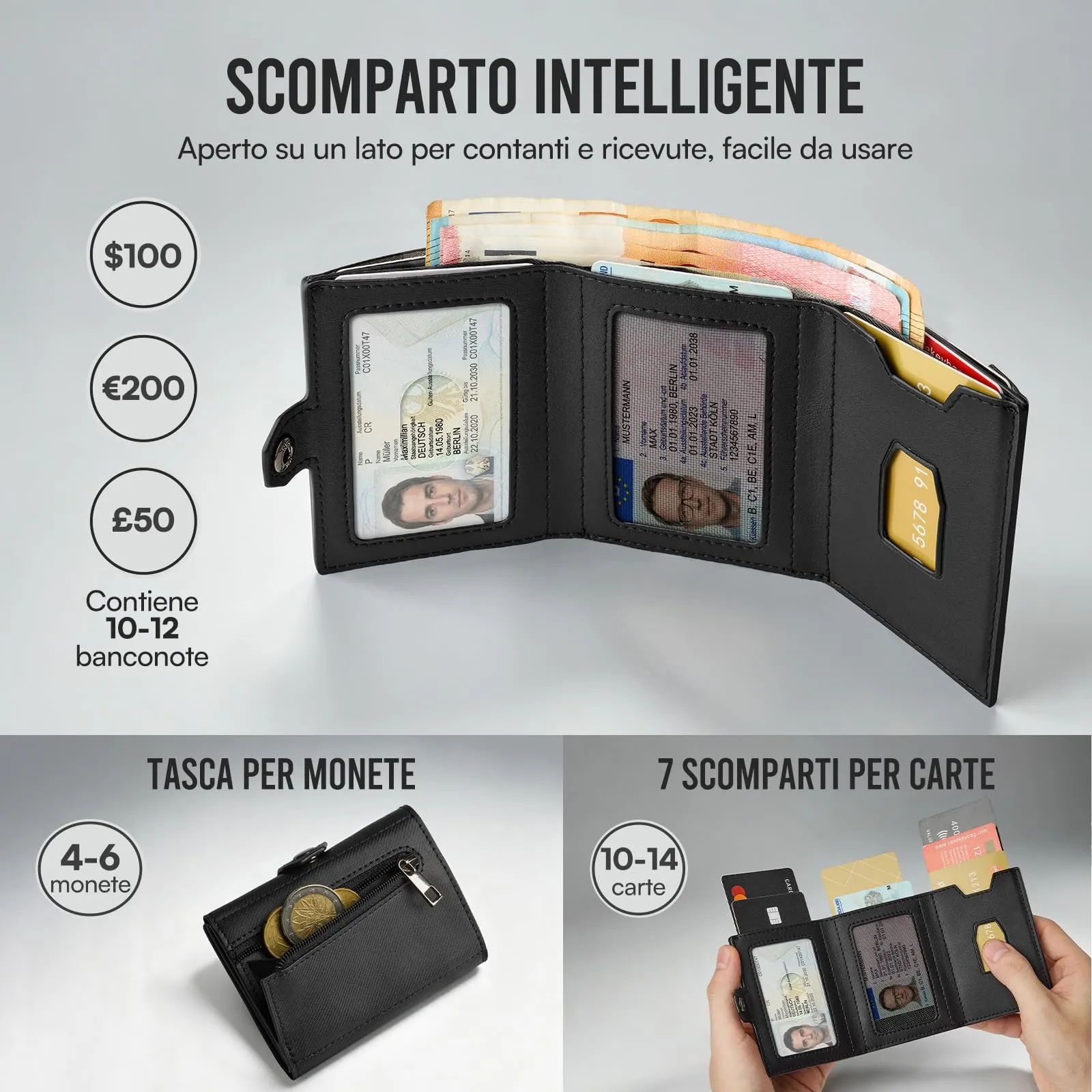 Slimwalt Portafoglio Uomo Spinta Carte a Dito, Portacarte per 14 Posti Carte, Protezione RFID Sottile per Lavoro Viaggio Regalo, Twill Nero - immagine 5